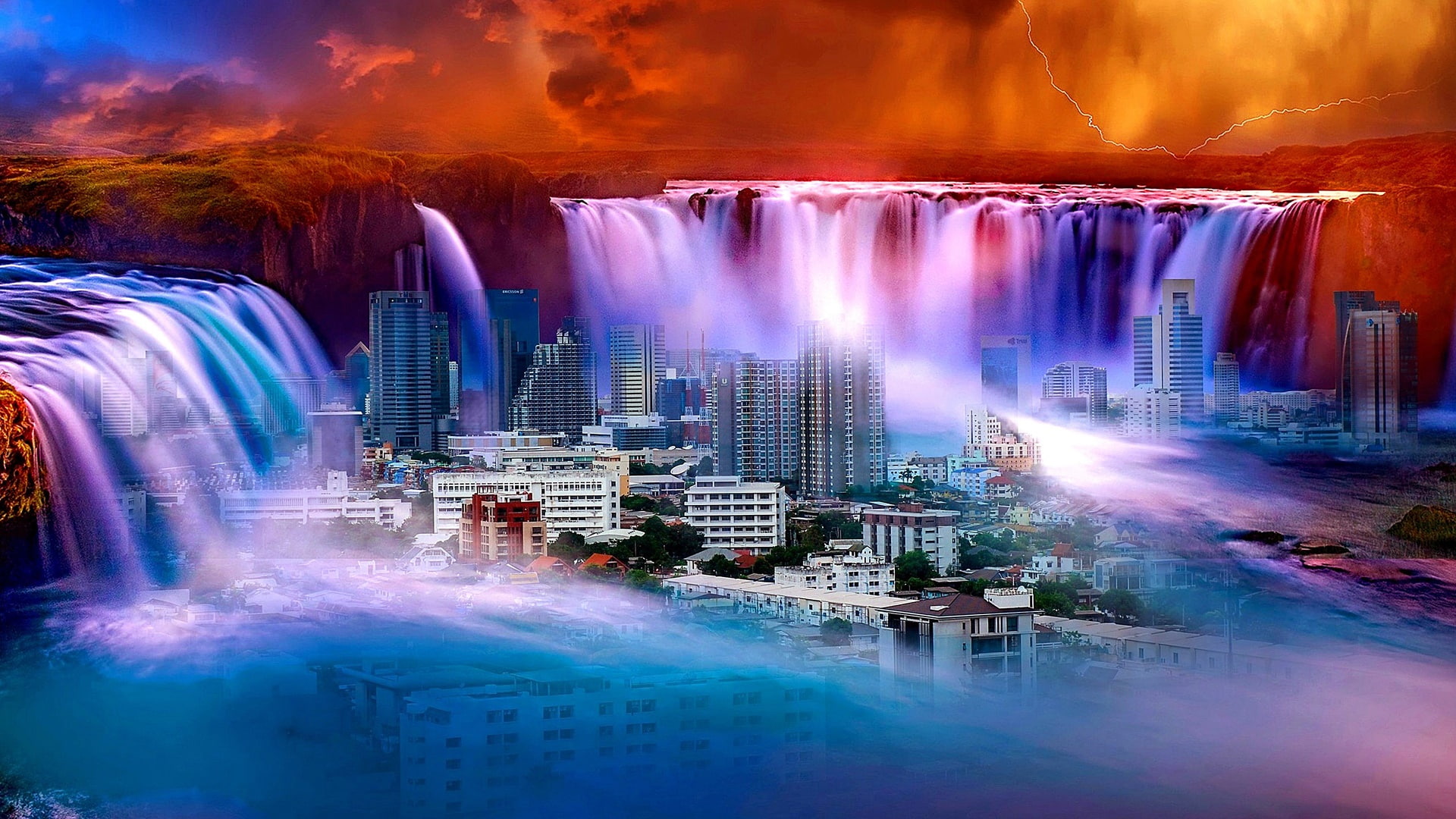 city, montage, photoshop, fantasy landscape, 1080P, waterfall, artistic, artwork, photoshop art, HD Wallpaper