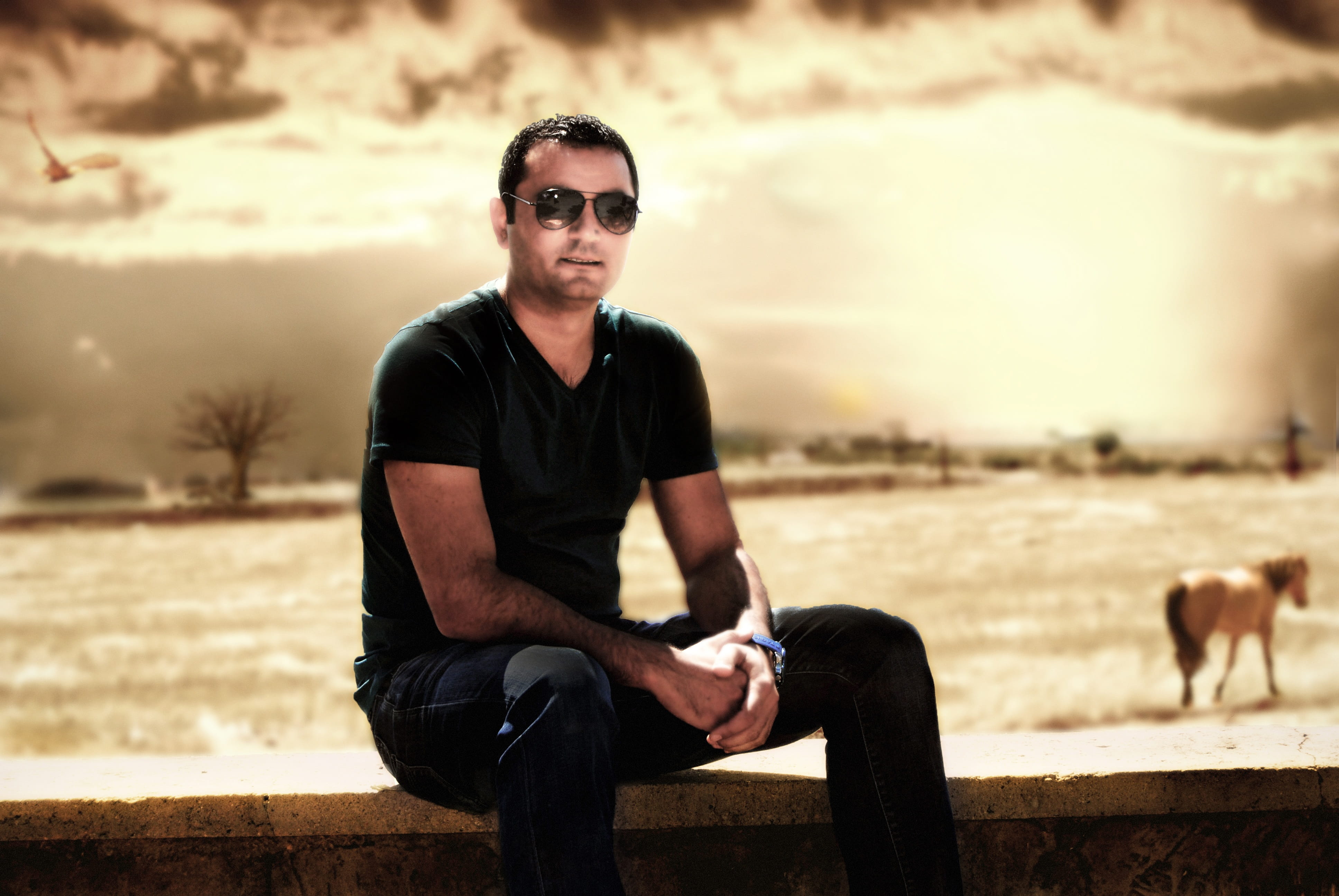 one Person, car, view, males, horse, solar, glasses, mid adult, stop, Photo, caucasian Ethnicity, front view, Adobe, sunglasses, mammal, farm, real people, HD Wallpaper