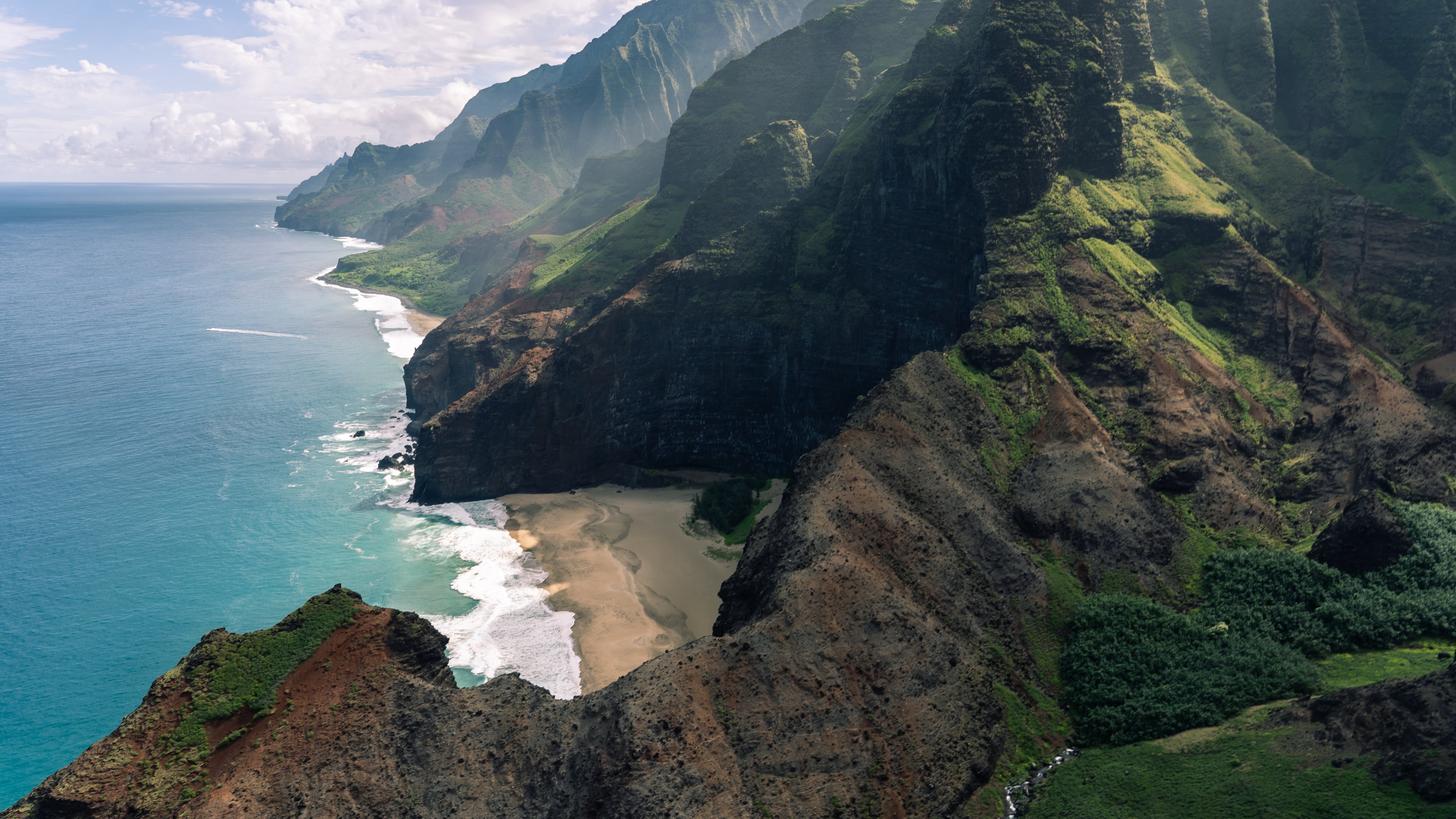 sky, Napali, coast, mountains, sea, trees, Hawaii, clouds, 4K, sand, landscape, water, nature, horizon, HD Wallpaper