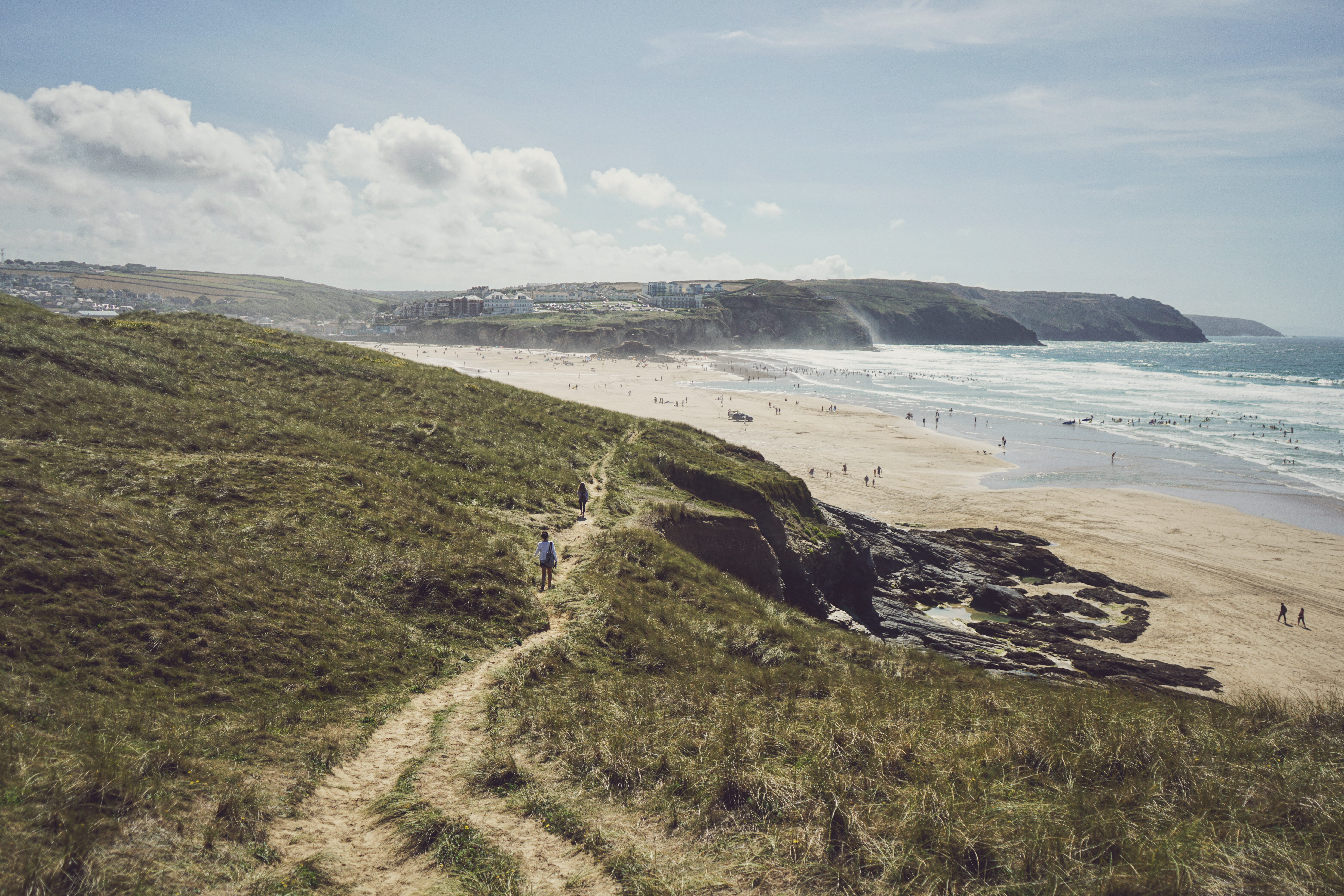 waves, wanderers, environment, england, devon, tranquility, path, tranquil scene, grass, cloud - sky, perranporth, non-urban scene, sea, wander, water, HD Wallpaper