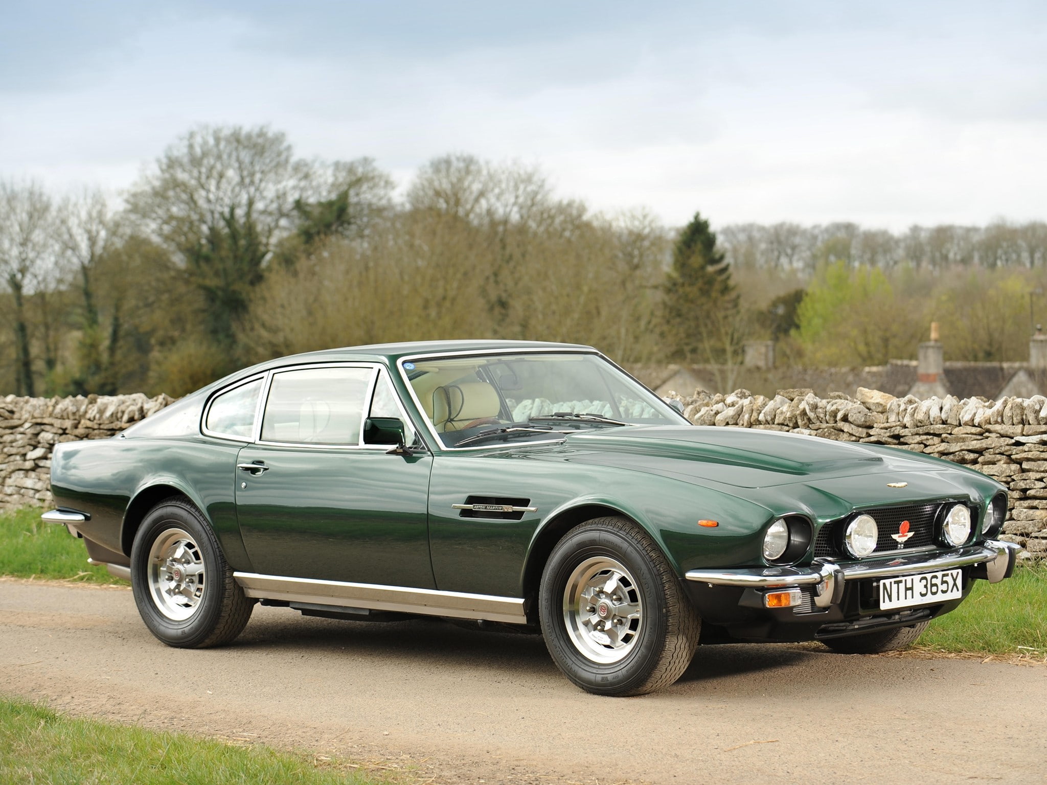 silver colored, Saloon, cloud - sky, luxury, V8, field, Aston martin, outdoors, land vehicle, sky, road, stationary, land, day, 1972, tree, 1080P, Side view, HD Wallpaper