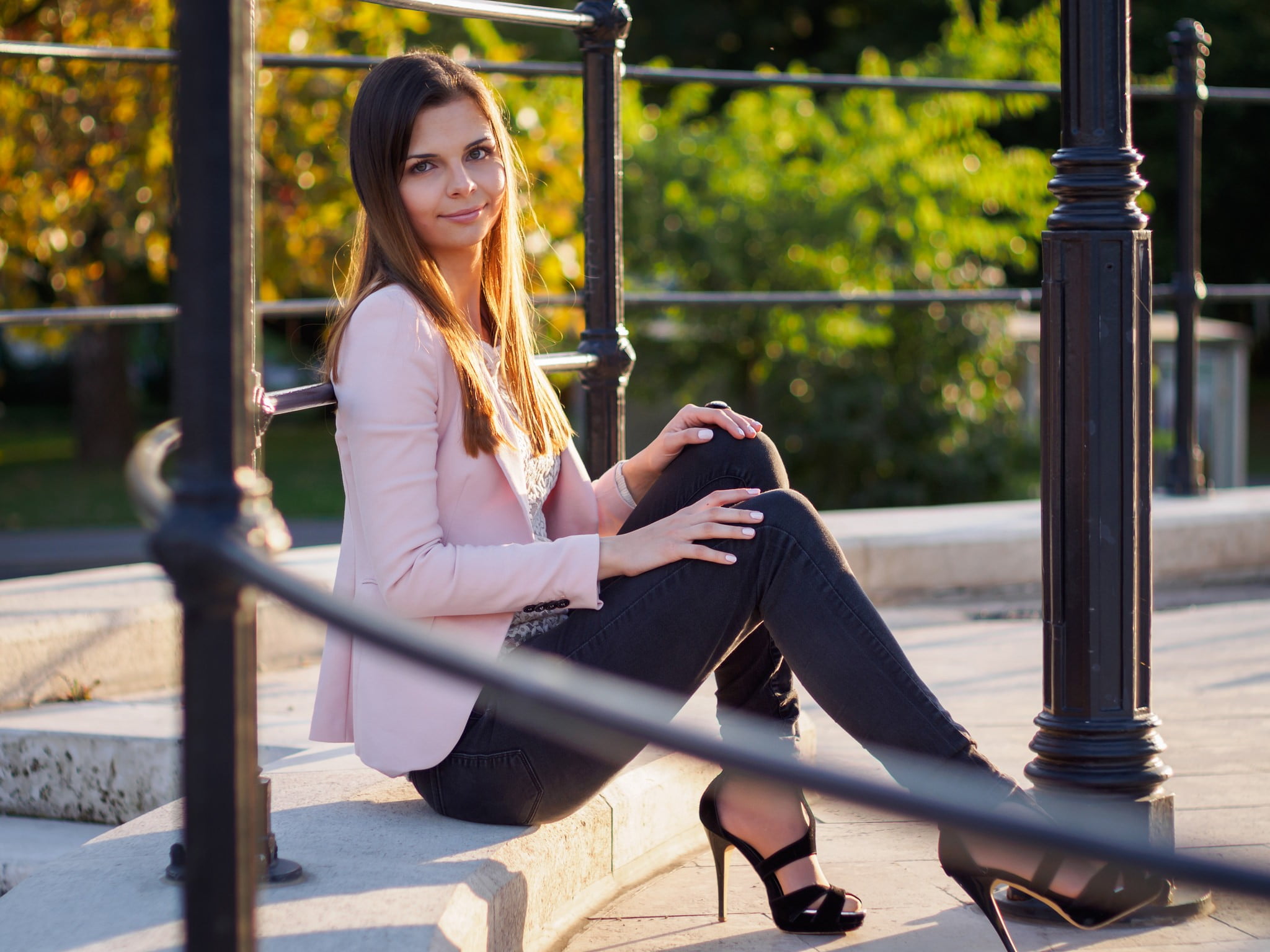 jeans, women, 1080P, high heels, brunette, outdoors, woman, young adult, day, hairstyle, bench, hair, portrait, clothing, one person, railing, long hair, HD Wallpaper