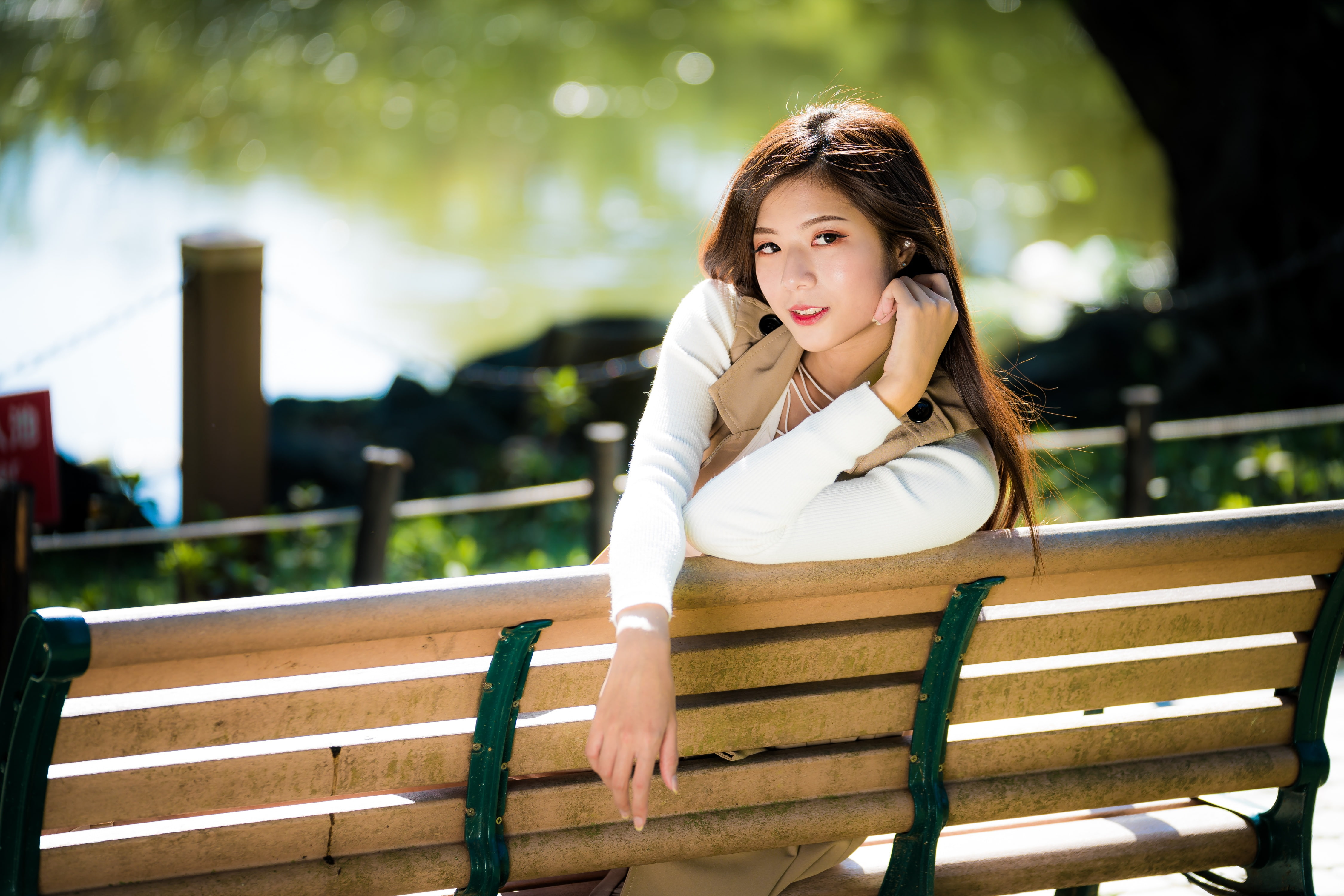 leisure activity, Asian, one person, young women, hairstyle, lifestyles, bench, railing, front view, focus on foreground, casual clothing, hair, outdoors, HD Wallpaper