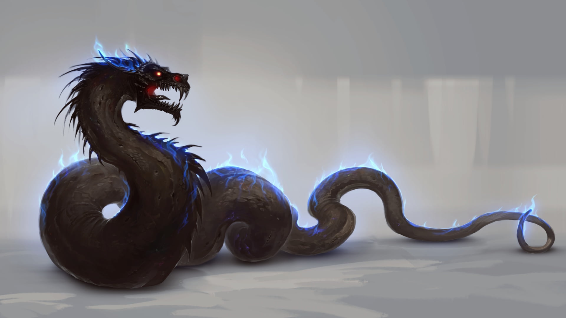 simple background, catch, 1080P, digital art, glowing eyes, artwork, Dragon, paiting art, fantasy art, creature, fantasy, fire, blue flames, HD Wallpaper