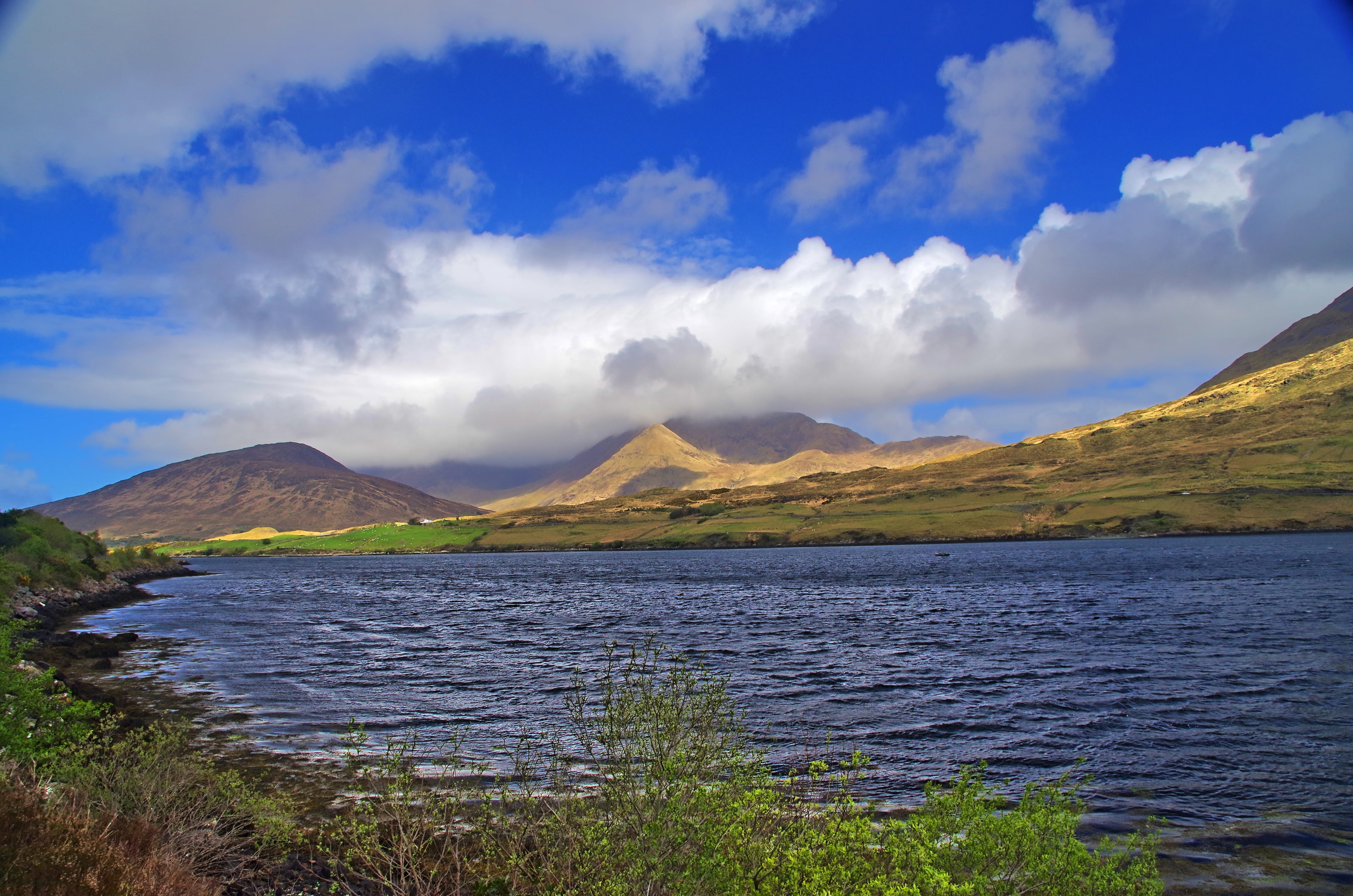 galway, tranquility, shadow, blue, day, ireland, clouds, environment, volcanic crater, land, light, cloud - sky, outdoors, volcano, plant, landscape, mountain peak, HD Wallpaper