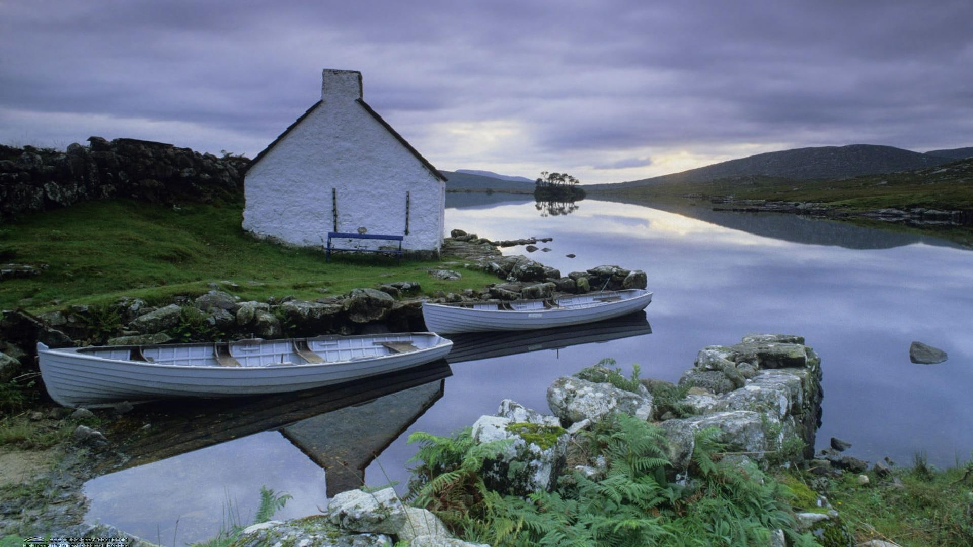 clouds, water, white, nature and landscapes, county, daytime, boats, 1080P, connemara, body, lake, canoes, near, house, irel, two, HD Wallpaper