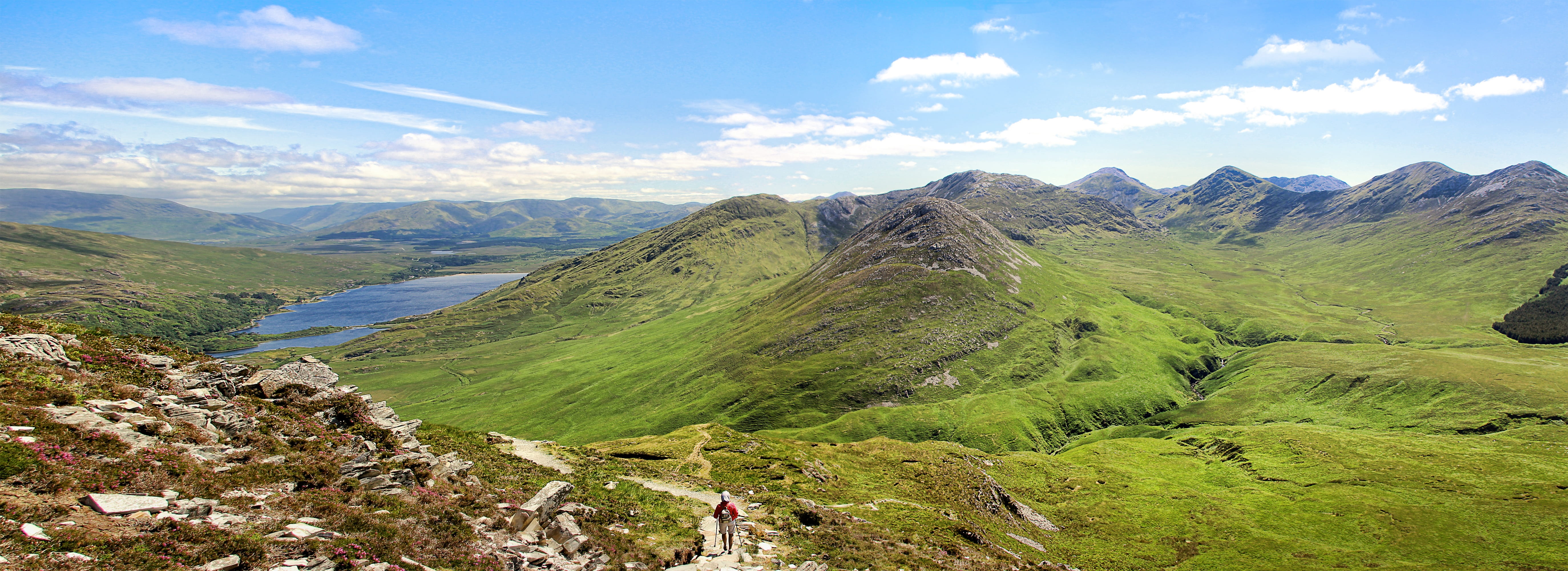 hiking, tourism, path, mountain landscape, activity, away, nature, cloud - sky, environment, outdoors, sky, ireland, meadow, non-urban scene, mountains, HD Wallpaper