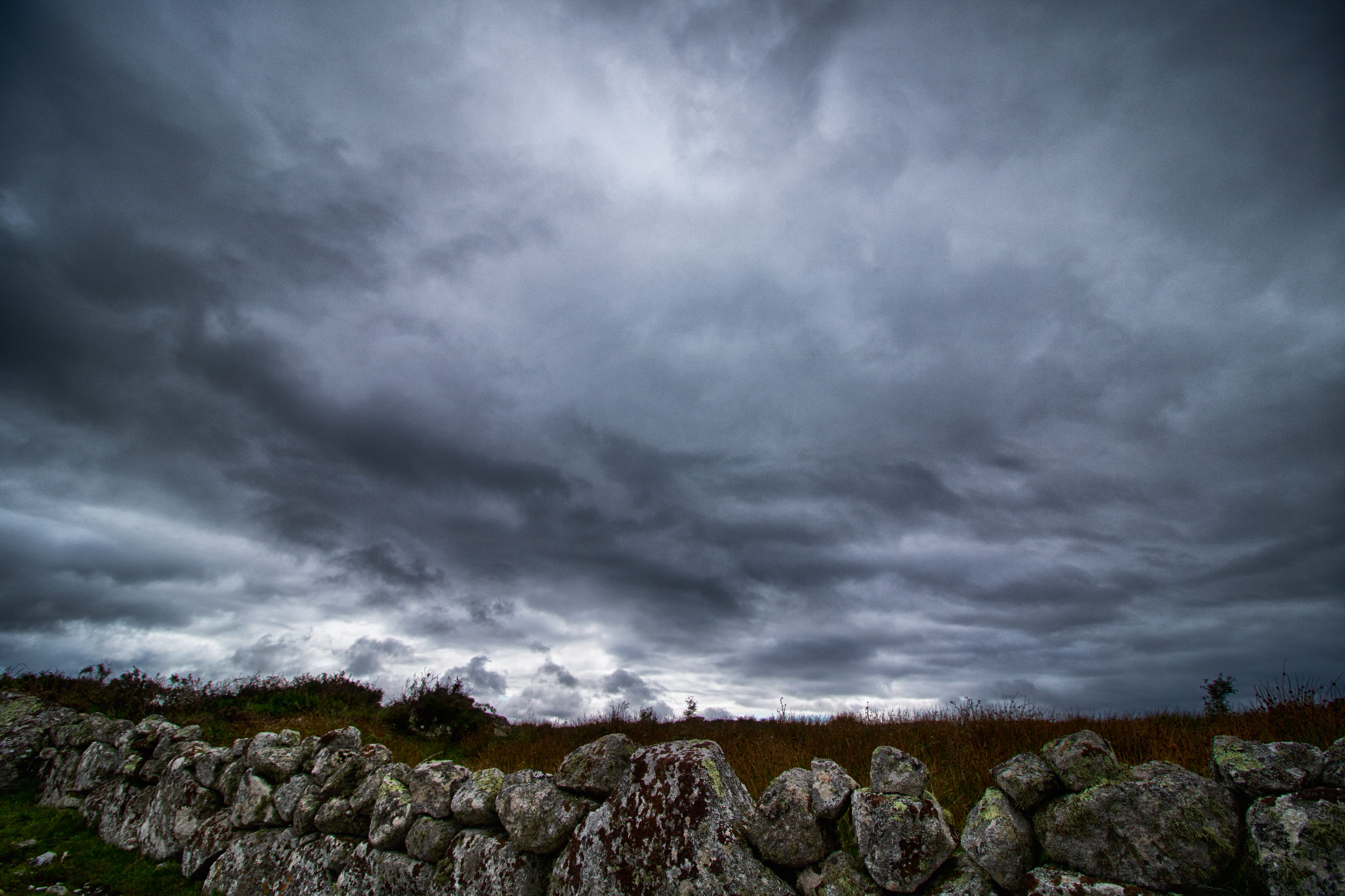 dark, landscape, connemara national park, thunderstorm, countryside, rain, scenics - nature, land, ominous, 5K, storm cloud, ireland, sky, rock, skyscape, HD Wallpaper