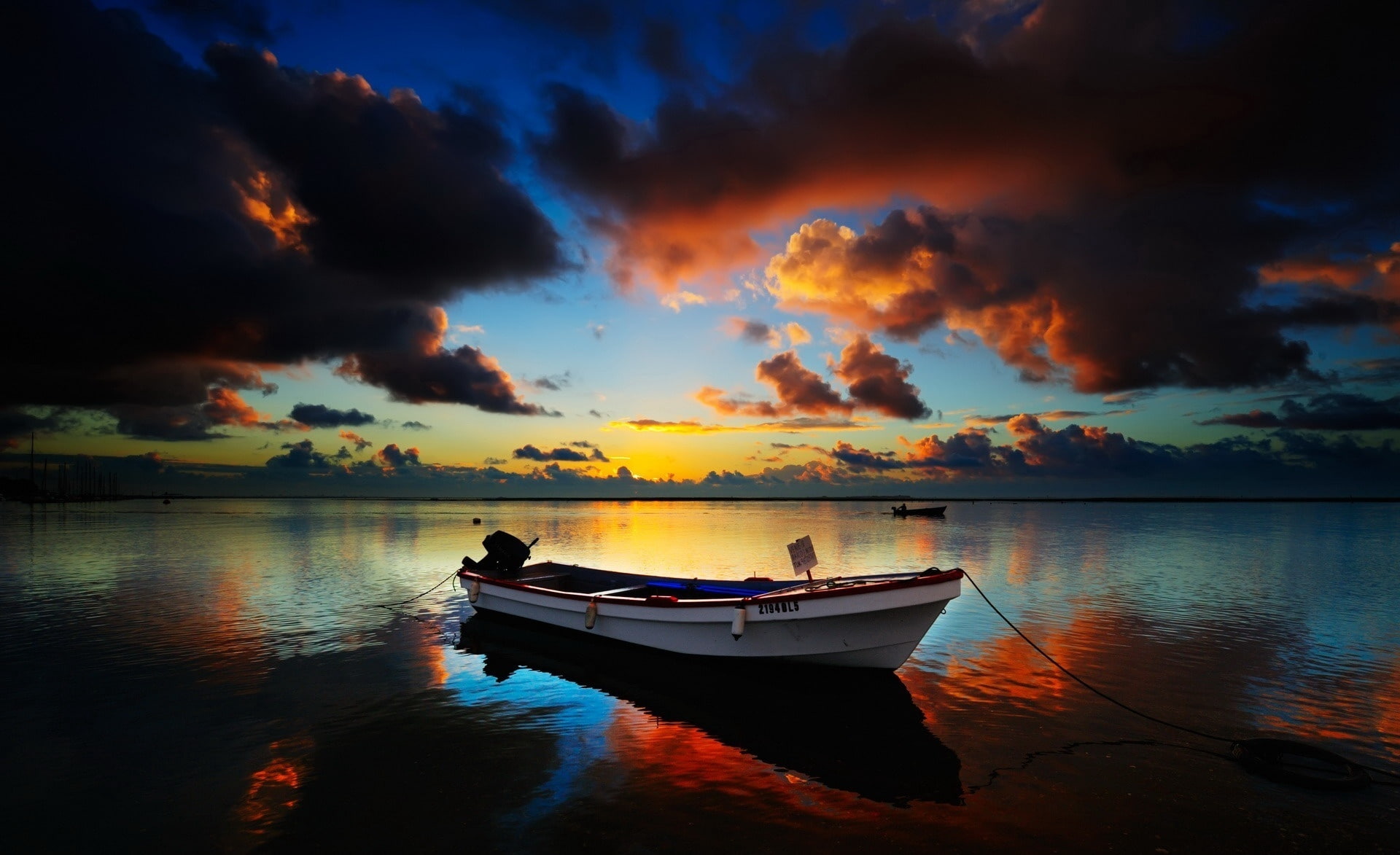 Lakes, orange color, nautical vessel, sunset, transportation, jon, reflection, Nature, tranquil scene, white, Boat, tranquility, 1080P, beauty in nature, HD Wallpaper