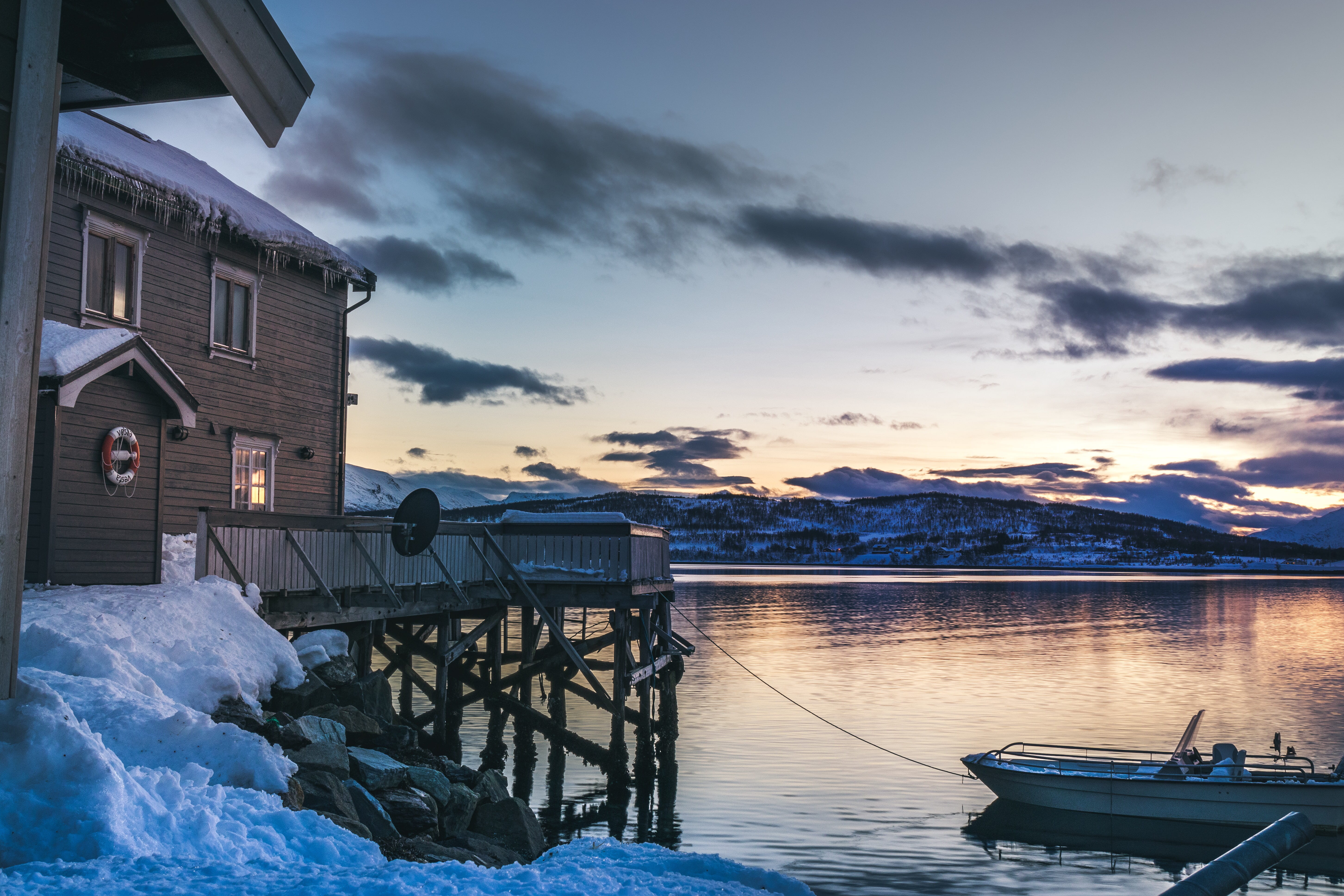 cold temperature, outdoors, no people, jon, pier, white, scenics - nature, nautical vessel, snowcapped mountain, beauty in nature, water, cloud - sky, snow, HD Wallpaper