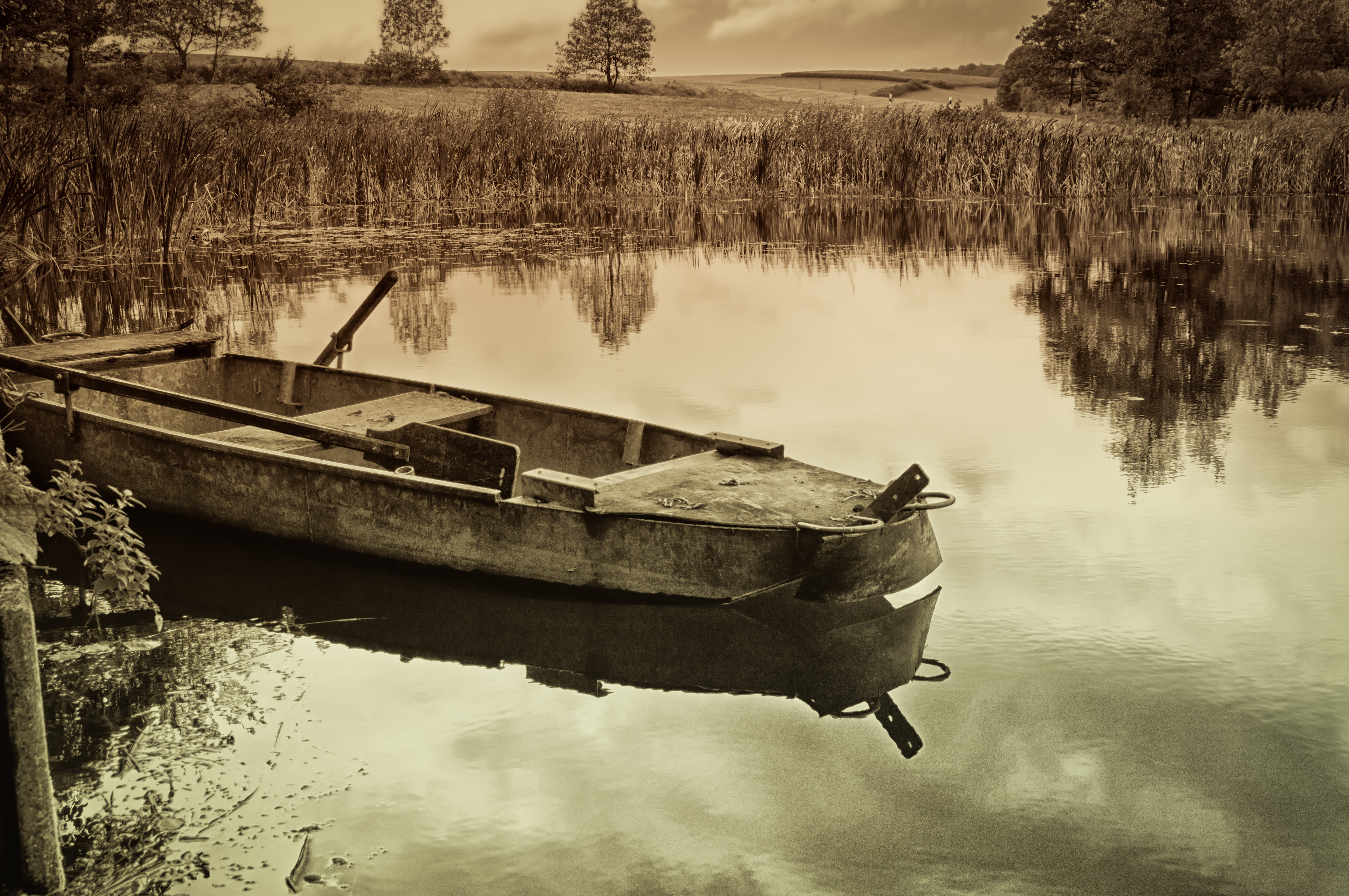 tranquil scene, transportation, rowboat, dock, silent, moored, beauty in nature, scenics - nature, gray, plant, nature, water, near, day, jon, boot, nautical vessel, HD Wallpaper