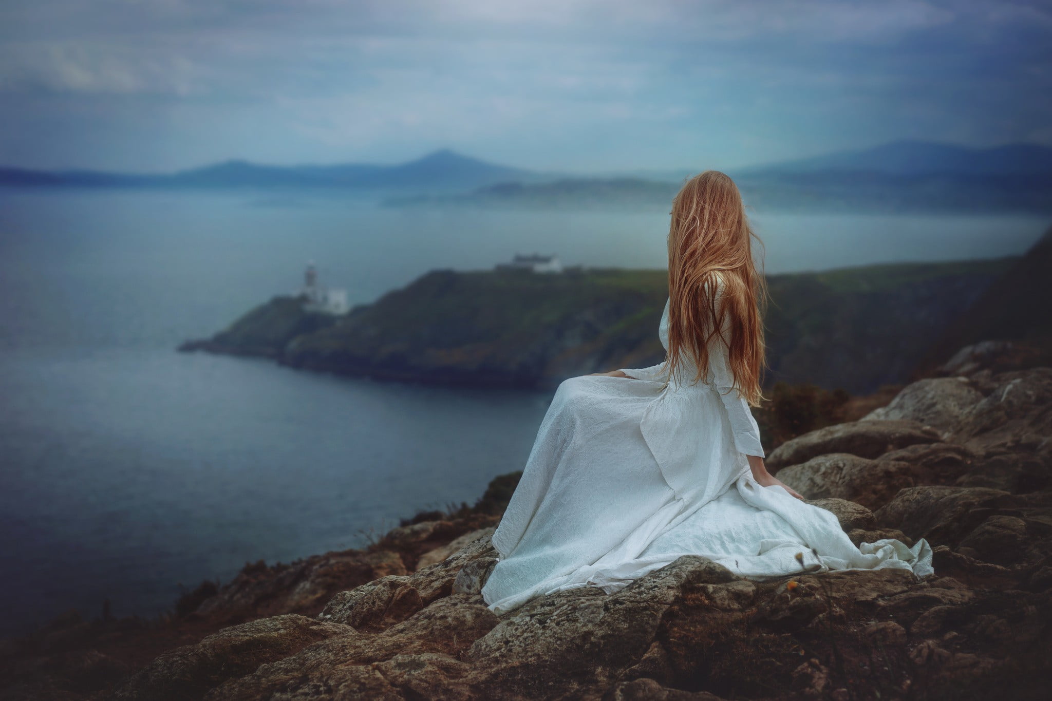 leisure activity, water, mountain, tranquility, model, sky, scenics - nature, women, lifestyles, emotion, long hair, hair, nature, white dress, rock, 1080P, HD Wallpaper