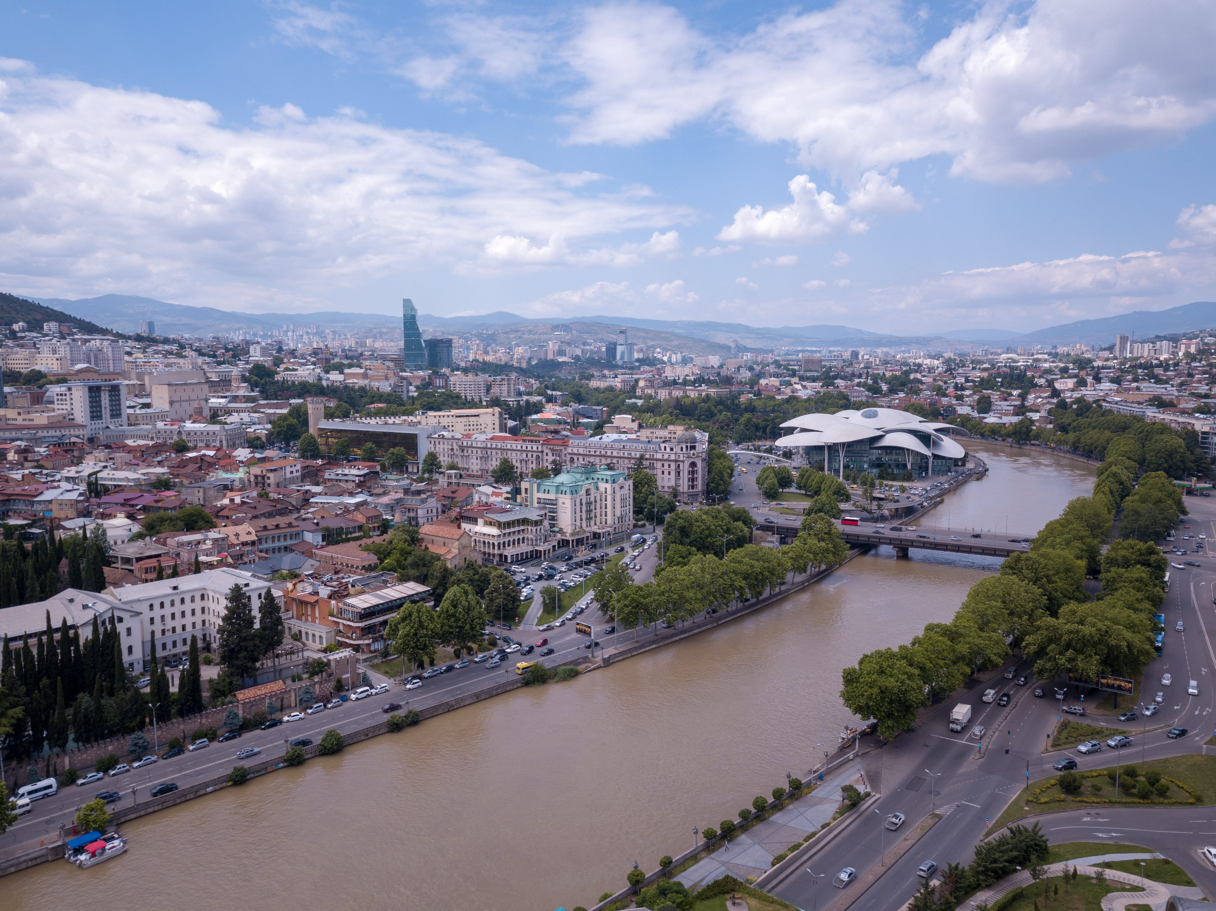 sky, no people, water, cityscape, building exterior, building, built structure, connection, noe jordania bank, high angle view, cloud - sky, georgia, river, HD Wallpaper