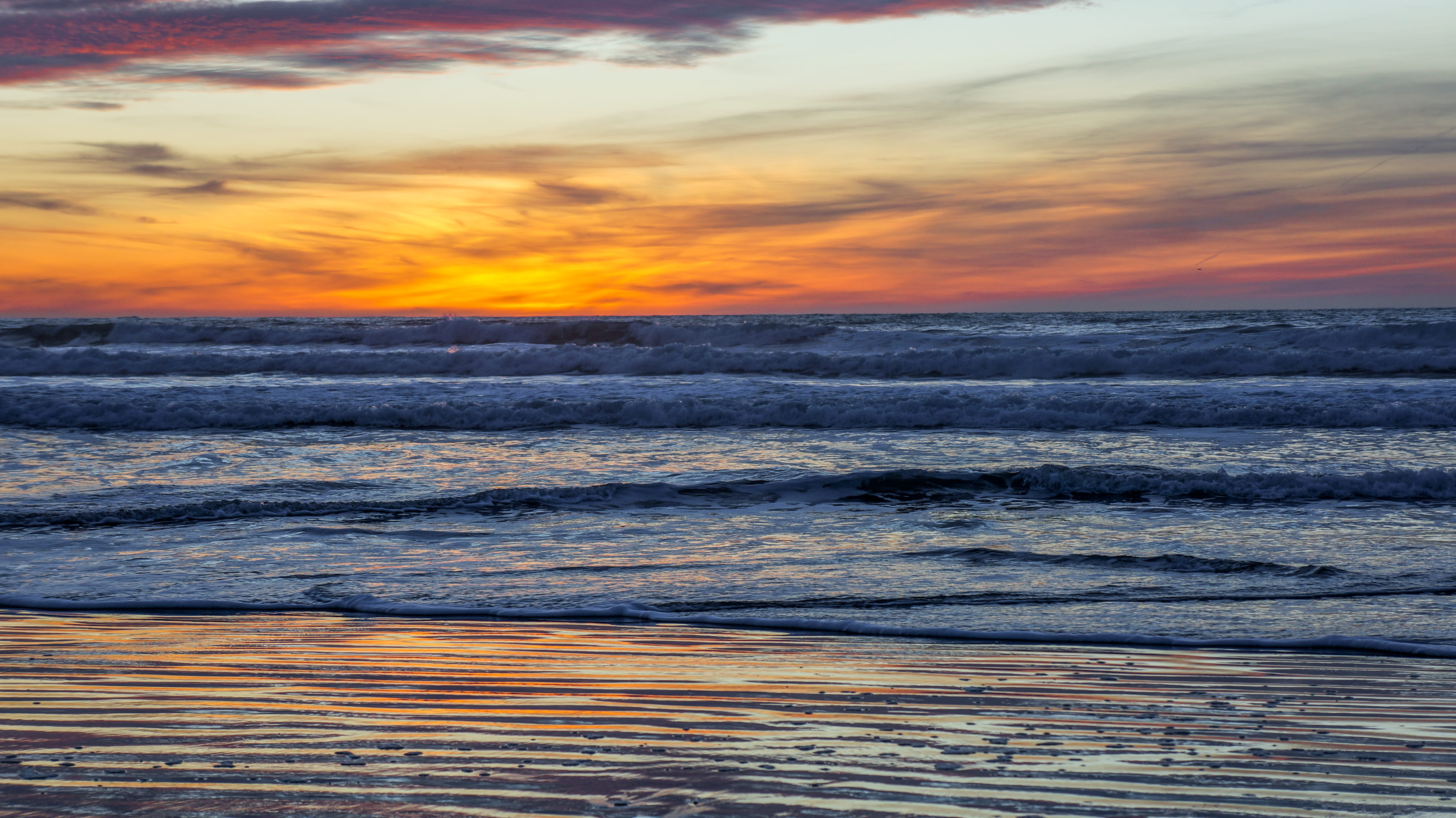 horizon over water, sky, stinson beach, ocean, united states, waves, california, sunset, tranquility, water, 4K, sea, idyllic, orange color, beauty in nature, HD Wallpaper