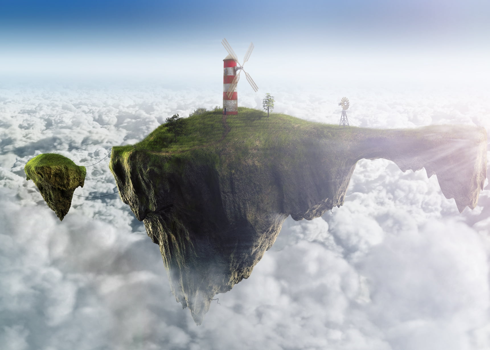 digital composite, Feel good inc., tower, solid, the sky, serenity, security, outdoors, building, architecture, Islands, guidance, day, nature, lighthouse, HD Wallpaper