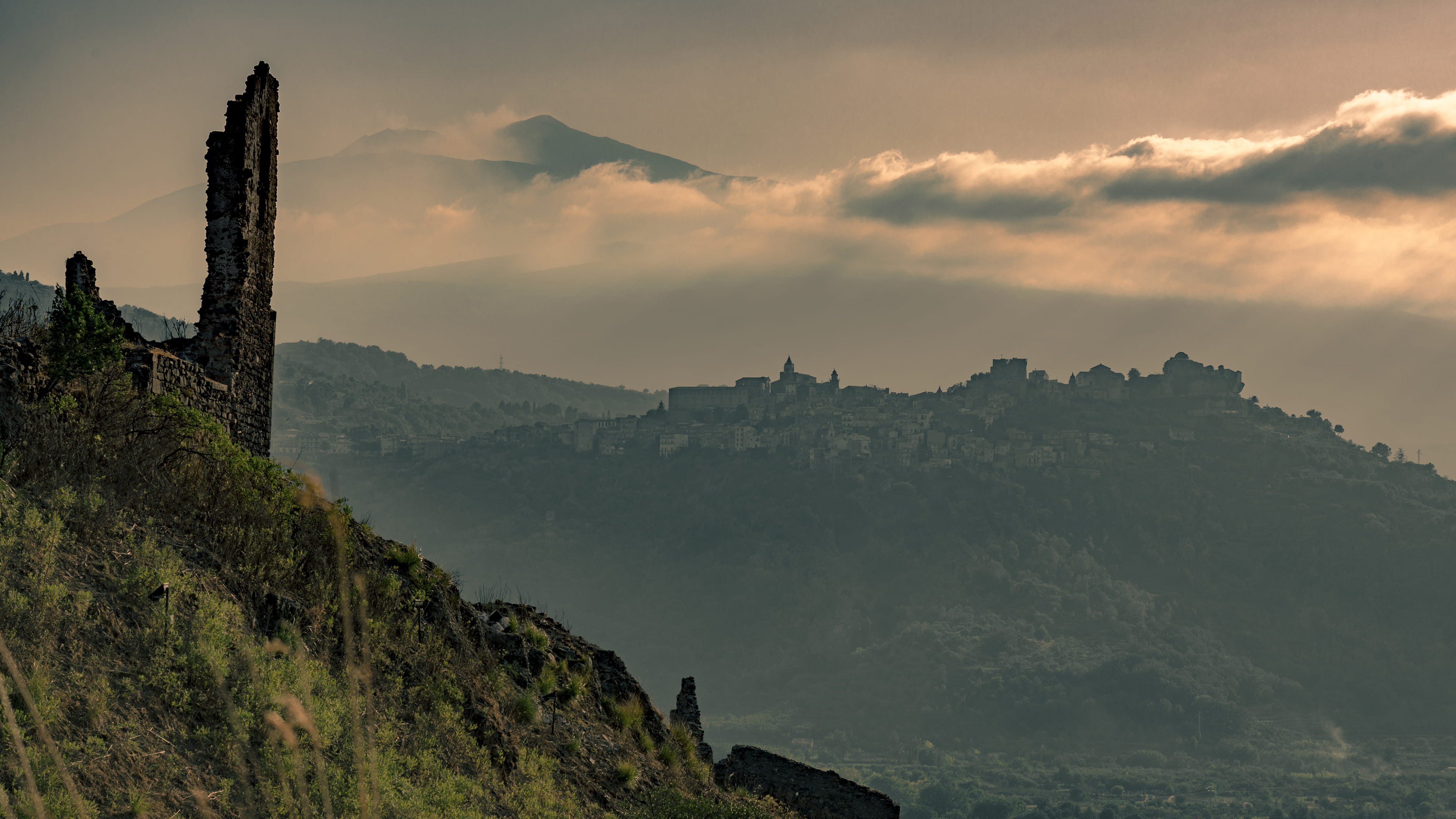italy, architecture, environment, nature, francavilla di sicilia, mountain range, clouds, beauty in nature, plant, cloud - sky, idyllic, no people, tree, HD Wallpaper
