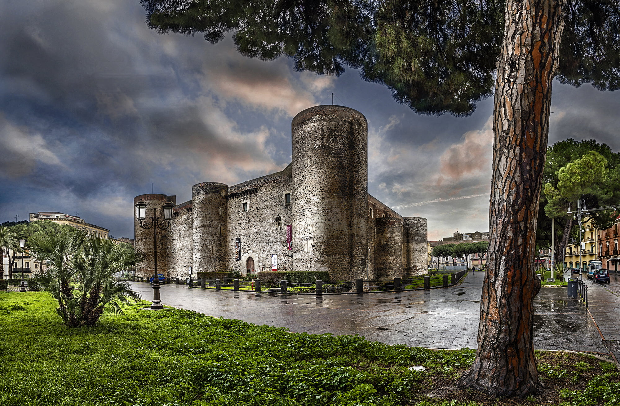 Ursino Castle, 1080P, tree, treatment, lights, Italy, Sicily, wall, castle, Sicilia, HD Wallpaper