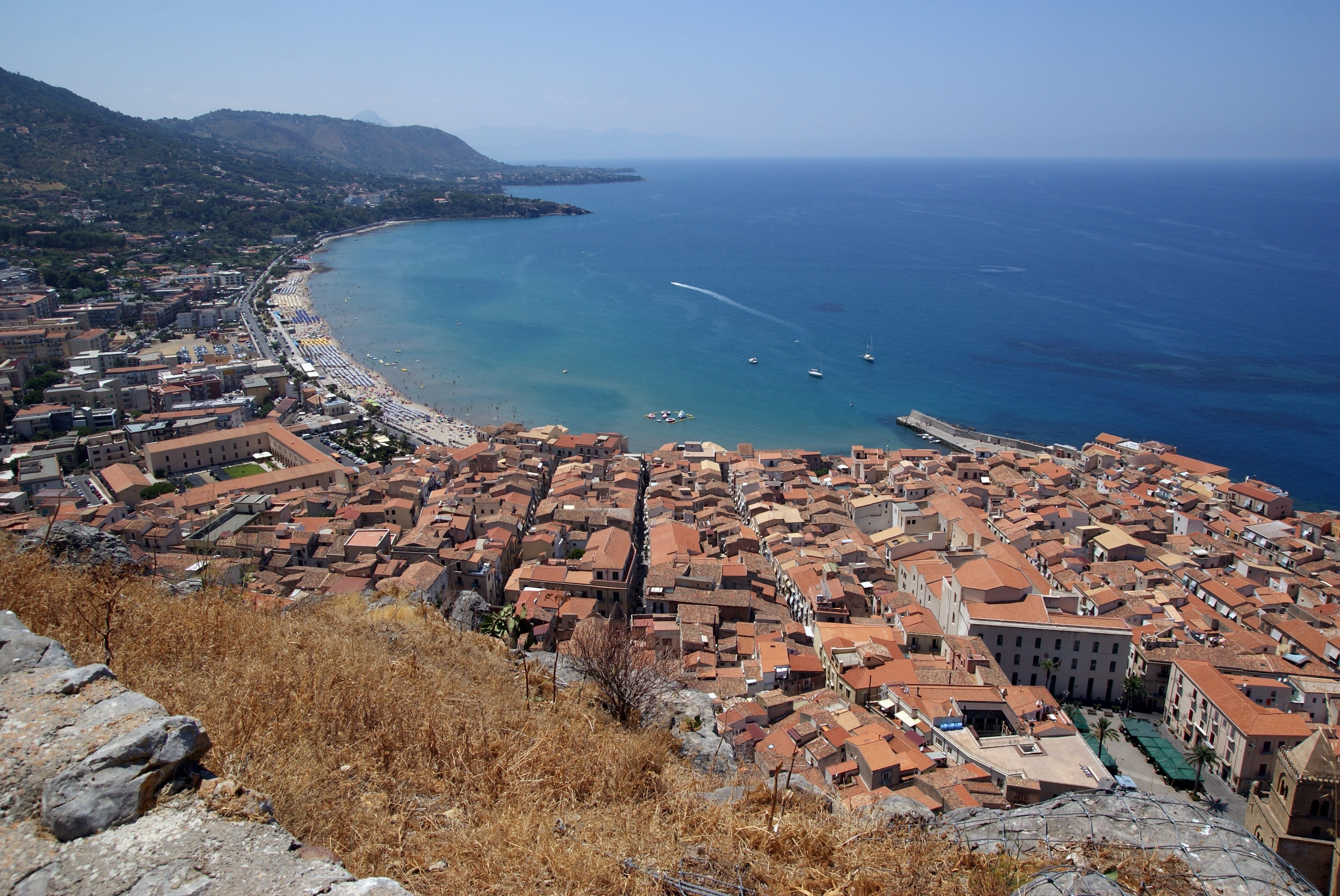 residential district, cityscape, nature, monolithic part of the waters, horizon over water, cefalu, townscape, the coast, 4K, building exterior, transportation, HD Wallpaper