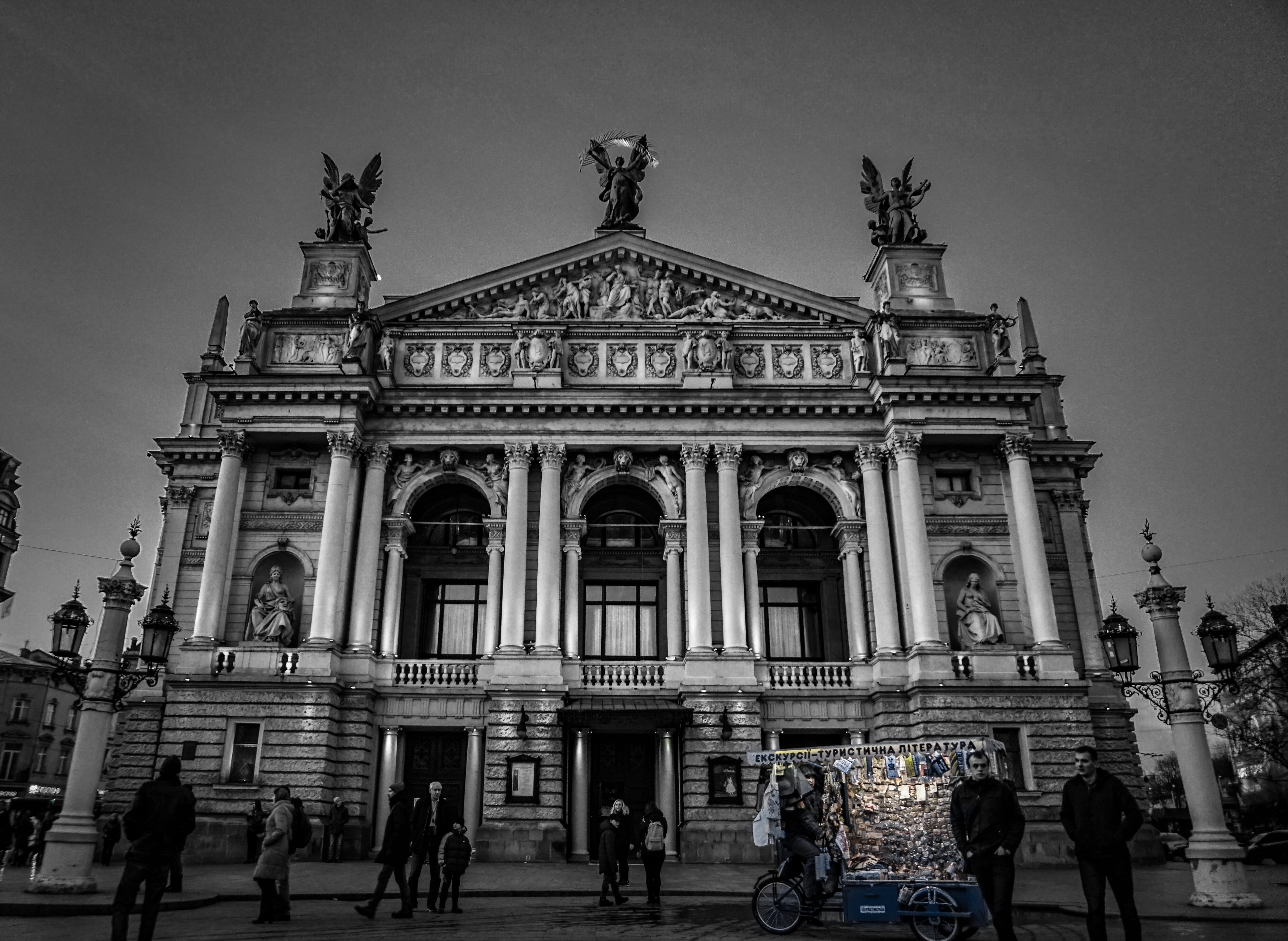 blackandwhite, ukraine, adult, sculpture, travel, outdoors, city, building exterior, landscape, ornate, nice, photo, the past, opera, white, house, sky, HD Wallpaper