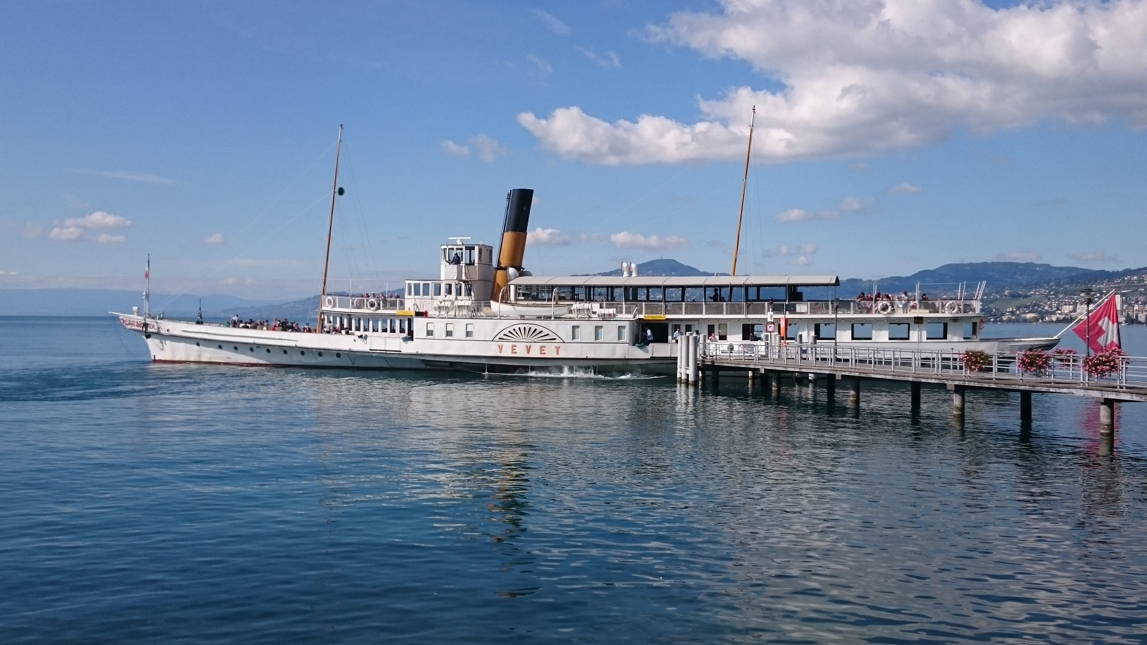 mode of transportation, outdoors, villeneuve, blue, passenger craft, cruise ship, wharf, water, clouds, nature, built structure, tourism, sky, waterfront, HD Wallpaper