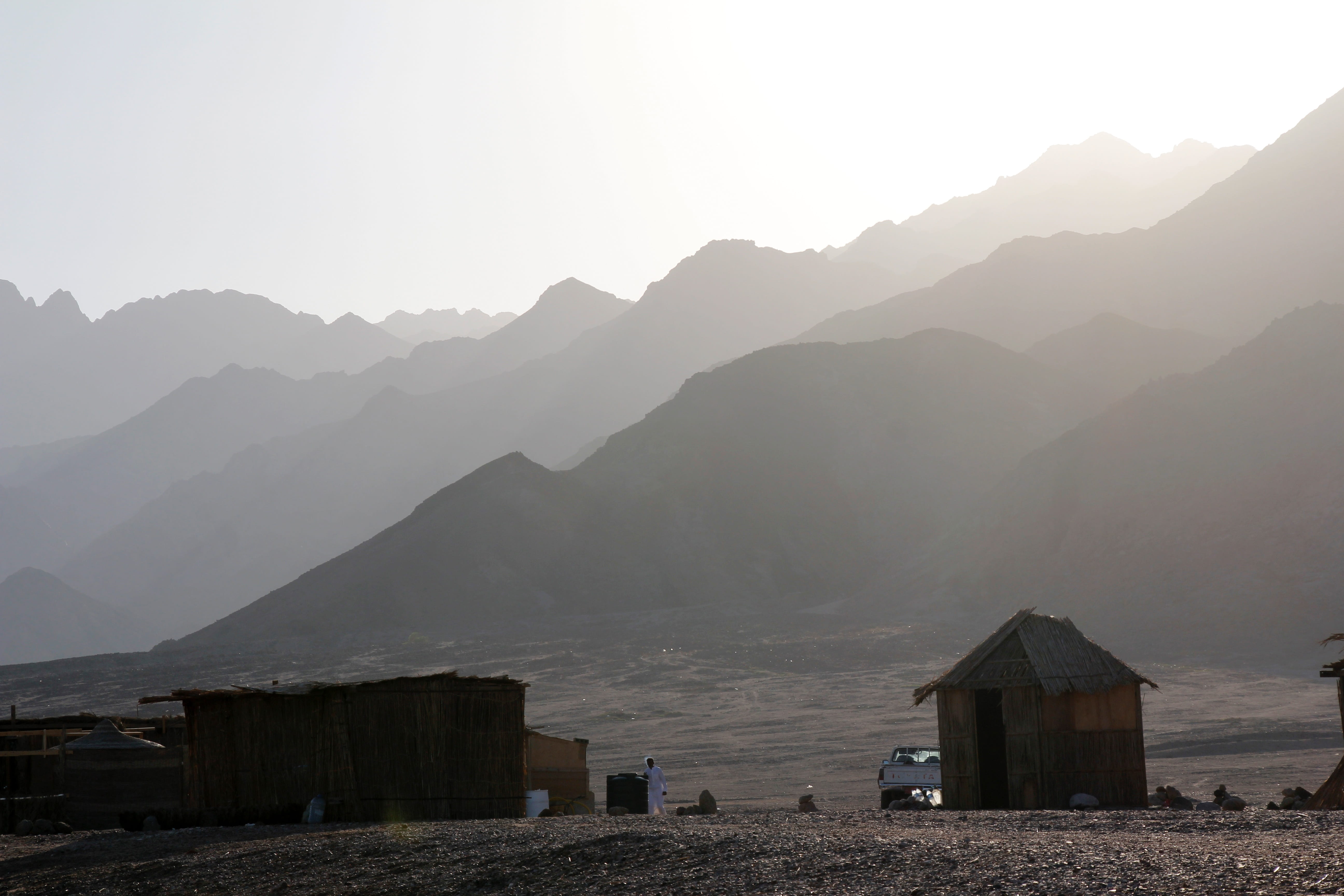 fog, building, land, non-urban scene, beauty in nature, parked, sky, black, environment, nature, mountain peak, built structure, egypt mountains, 5K, sunset, HD Wallpaper