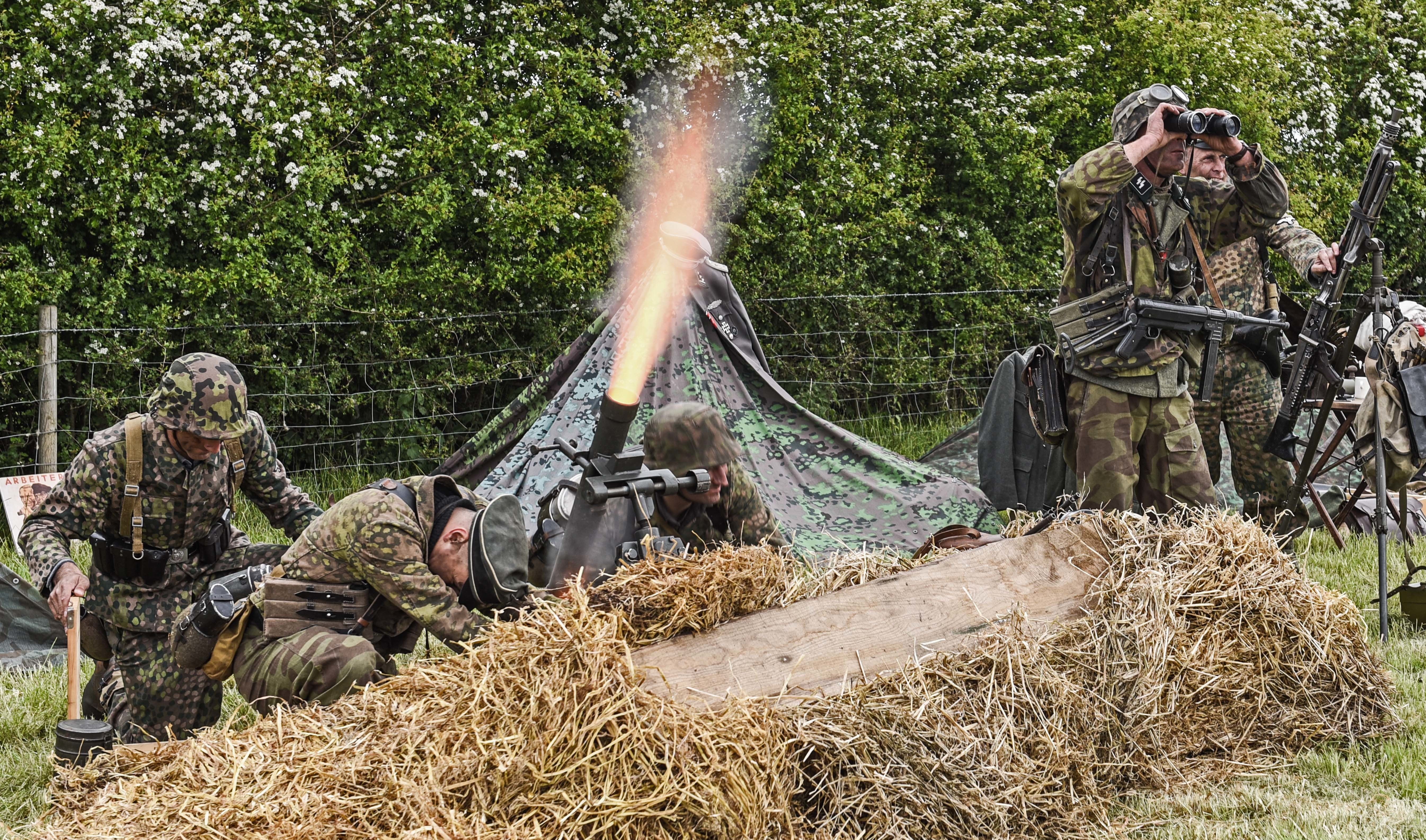 military reconstruction, fire, soldiers, flame, the Germans, mortar, observation, 5K, HD Wallpaper