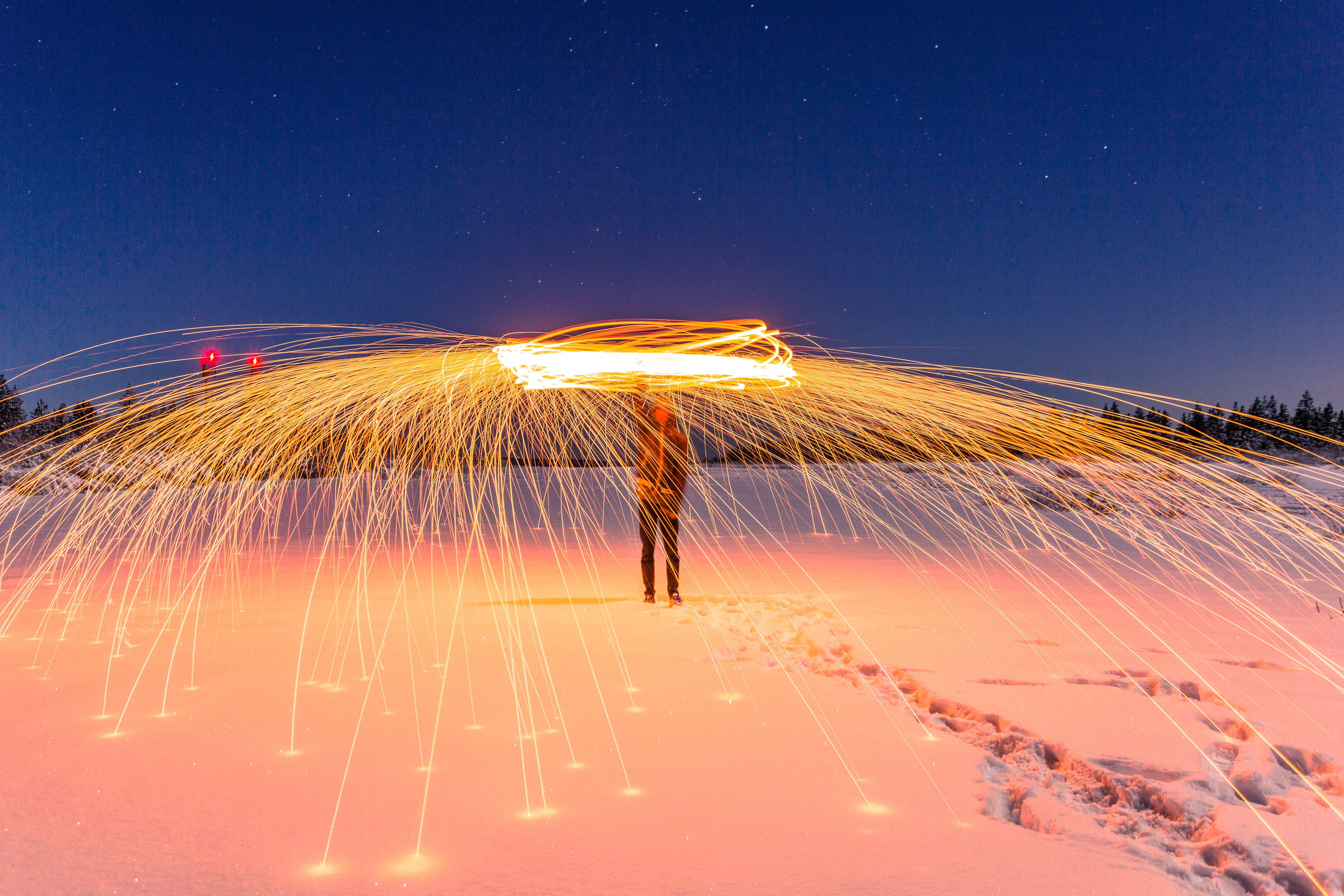 land, night, spark, cold temperature, long exposure, sparks, spinning, 5K, standing, coat, winter, trees, speed, firework display, steel, nighttime, tall, HD Wallpaper