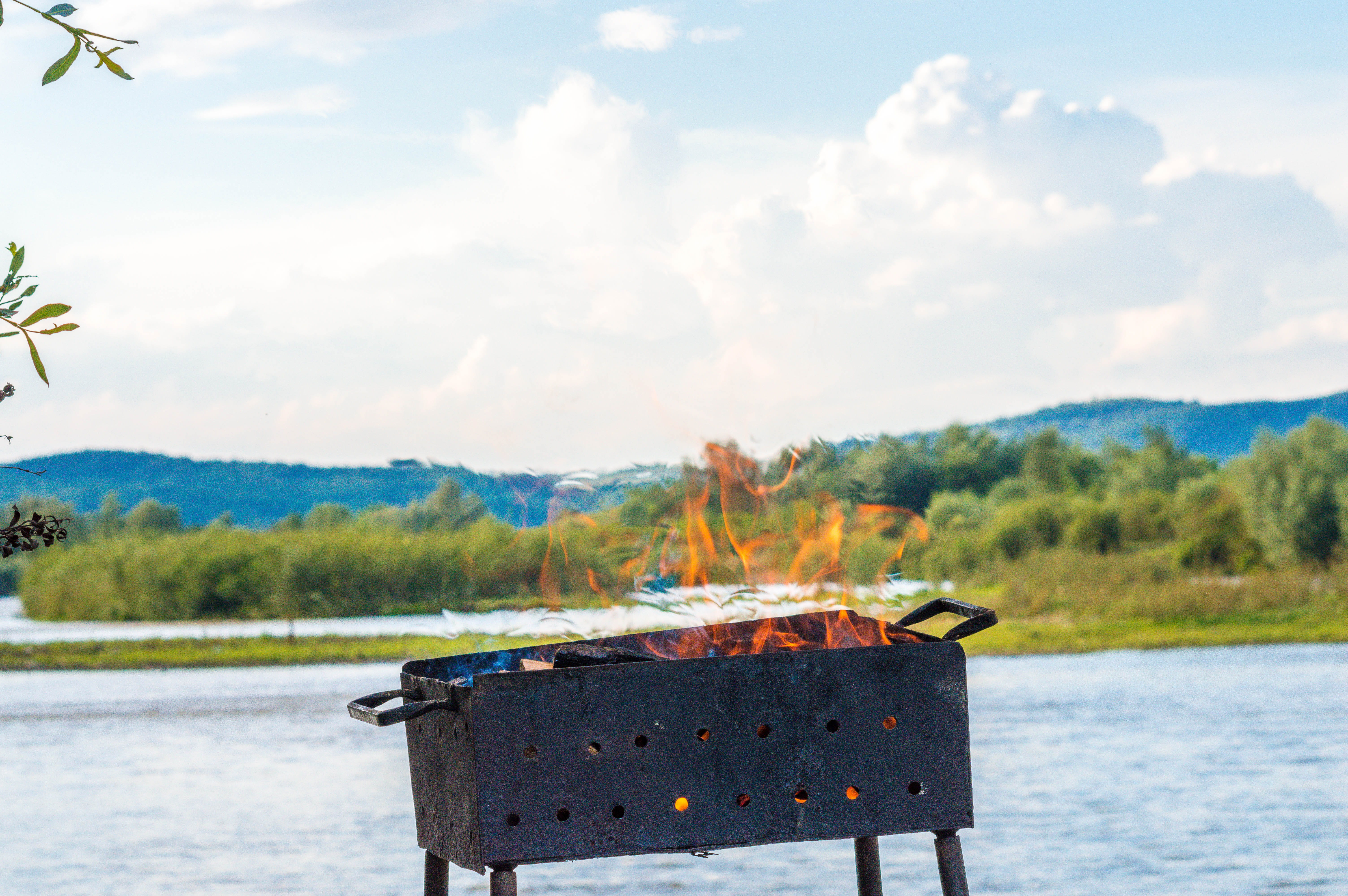 landscape, hot, barbecue grill, fire - natural phenomenon, near, summer, blue sky, beach, metal, rectangular, food, river, day, fire, burning, black, water, HD Wallpaper