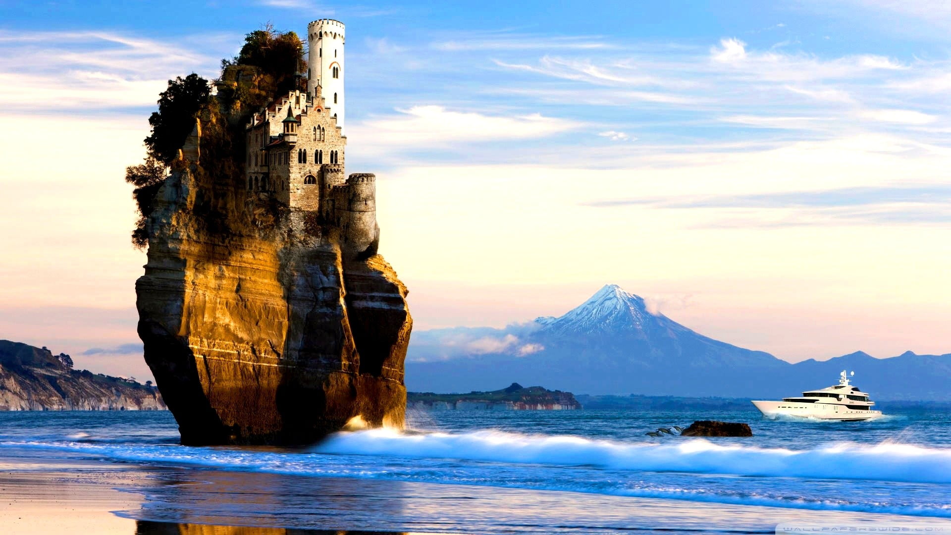 beauty in nature, no people, yacht, waterfront, ship, 1080P, castle, rock formation, landscape, beach, sea, mountain, tower, outdoors, tranquil scene, HD Wallpaper