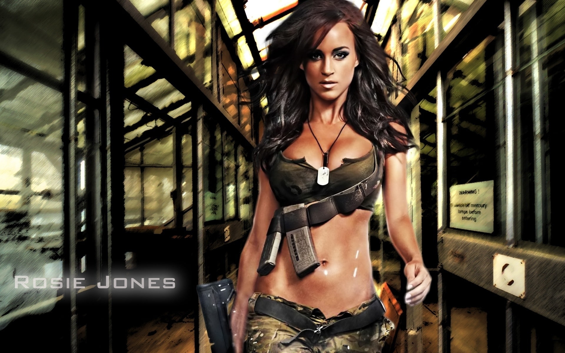 stomach, 1080P, babes, weapons, subway, guns, pistol, brunettes, cleavage, sexy, fashion, rosie, sensual, face, jones, models, girls, style, ammo, ammunition, HD Wallpaper