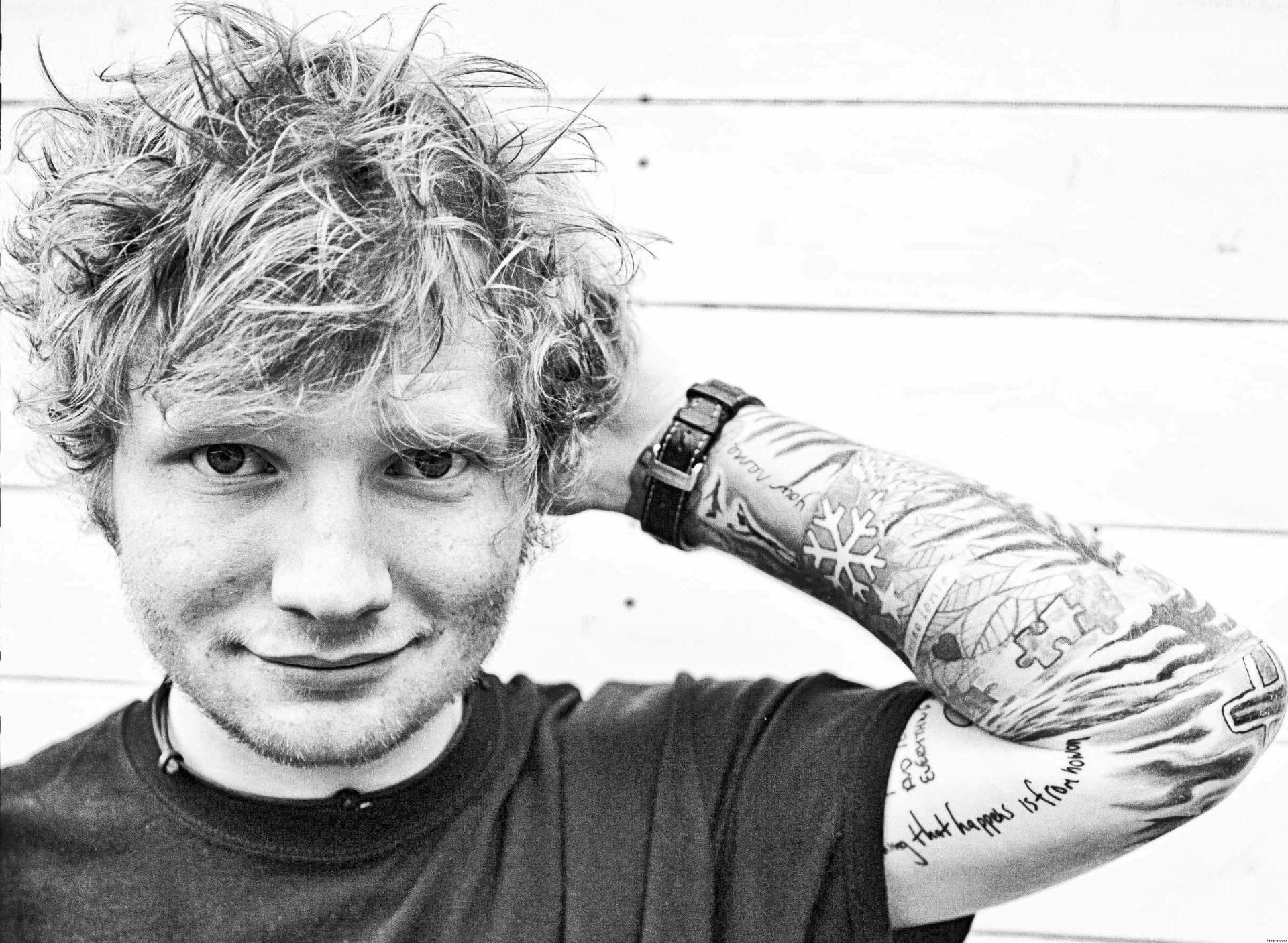 lifestyles, Ed Sheeran, adult, men, casual clothing, English, smiling, happiness, front view, emotion, day, young men, Black and White, Tattoo, Music, HD Wallpaper