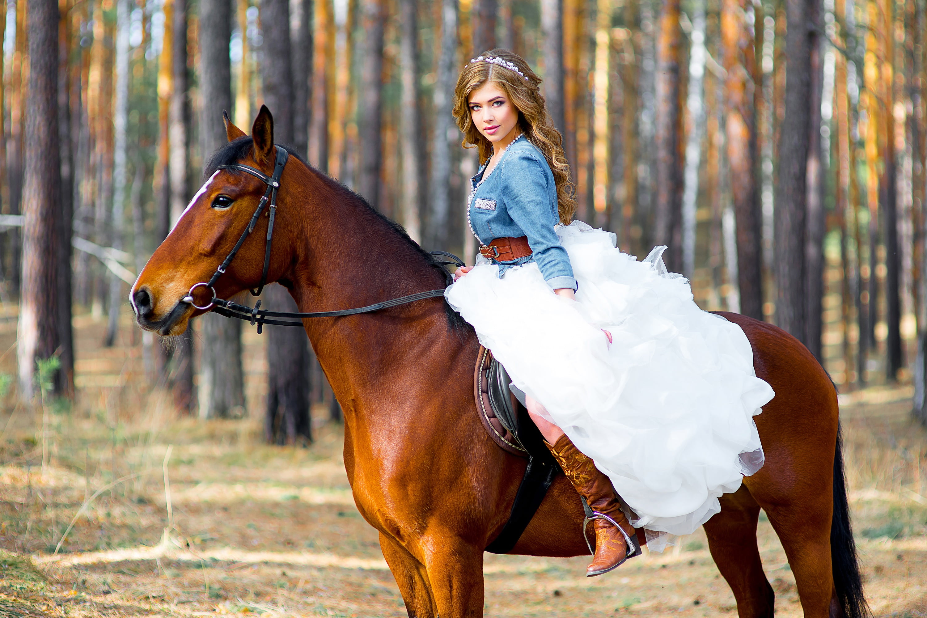top, horse, 2K, boots, hairstyle, trees, in white, brown hair, sitting, beauty, nature, dzhinsovka, makeup, the bride, bokeh, dress, in the saddle, the, HD Wallpaper