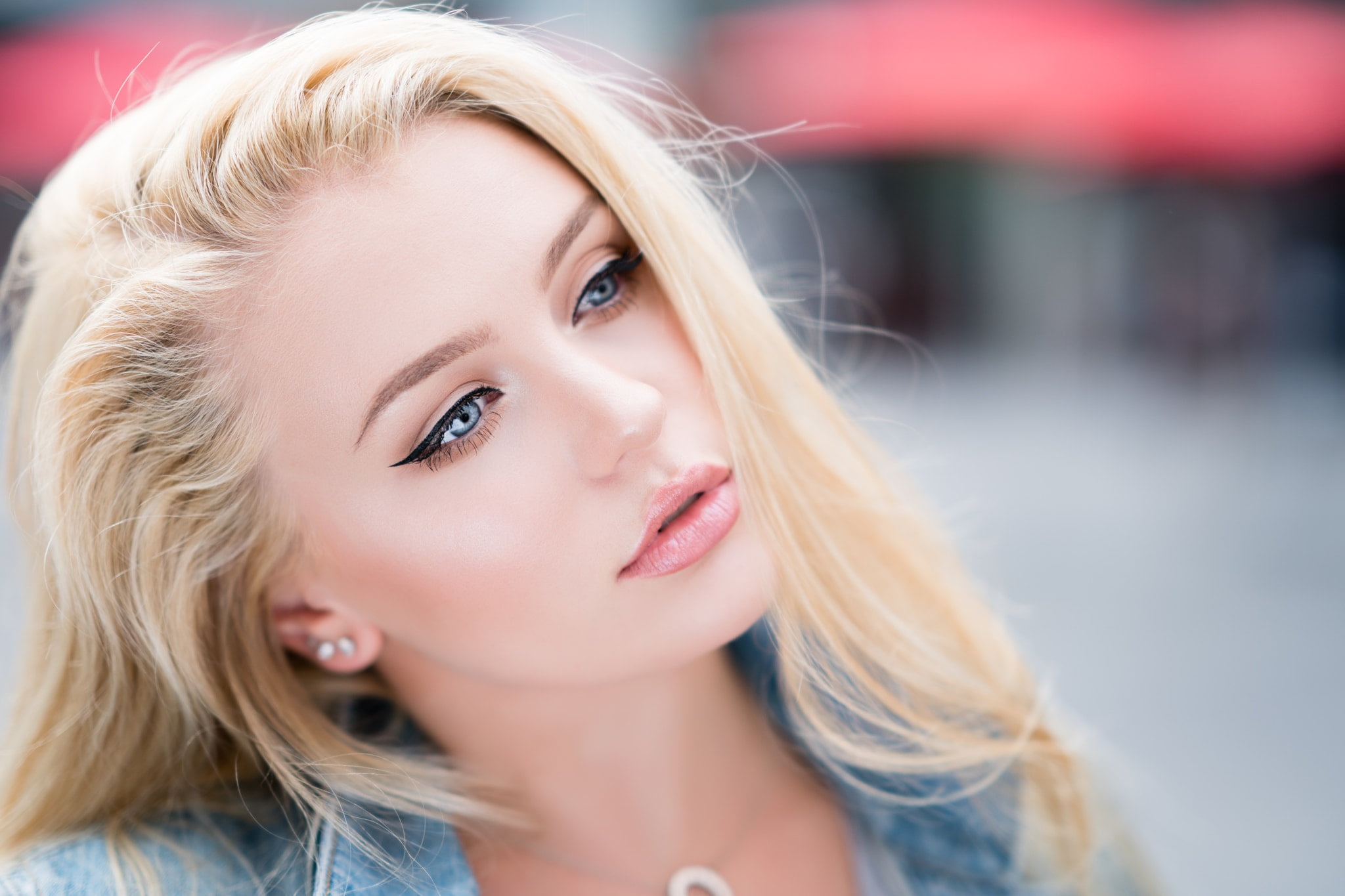 dzhinsovka, long hair, photo, makeup, 1080P, blonde, Yadú Yadid Fereaud, looking away, portrait, girl, eyeliner, Model, mouth, lipstick, Lauren, jeans jacket, HD Wallpaper