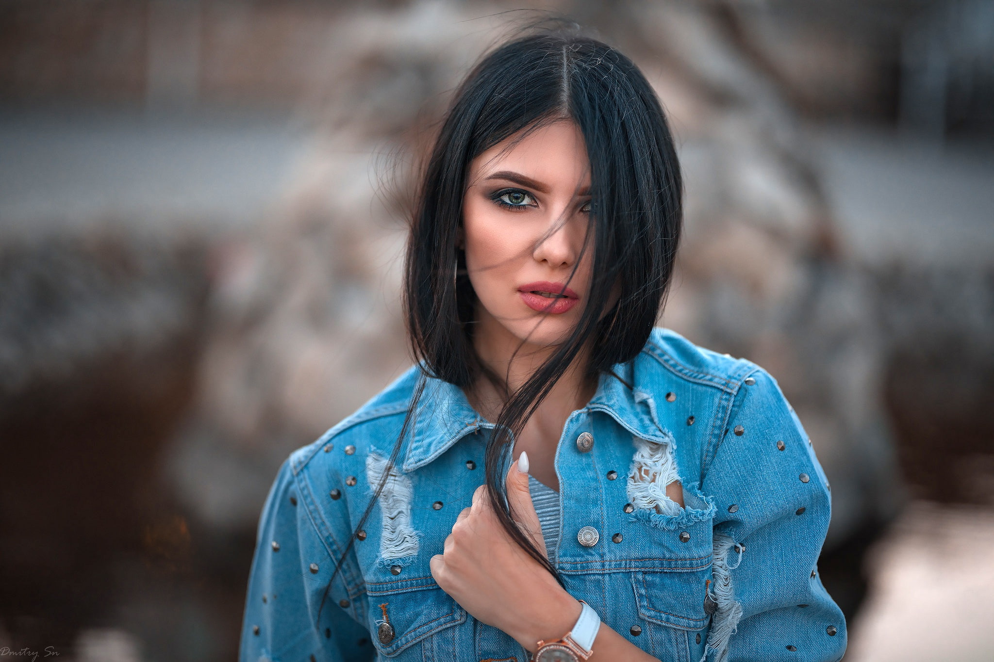 background, portrait, 1080P, dzhinsovka, bokeh, Kristina, hairstyle, makeup, brunette, beauty, Dmitry Sn, HD Wallpaper