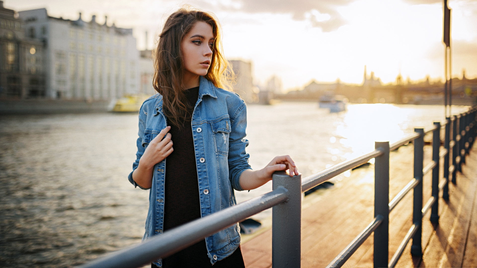 dawn, model, home, in black, dress, is, Kseniya Kokoreva, makeup, the city, portrait, dzhinsovka, bokeh, hairstyle, the sun, brown hair, Ksenia Kokoreva, HD Wallpaper
