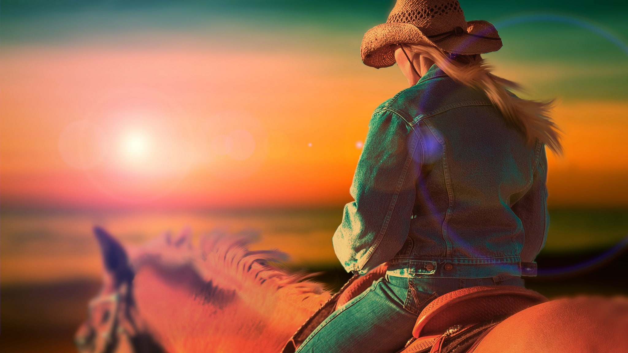 hat, 1080P, sunset, cowboy, horse, dzhinsovka, jeans, girl, HD Wallpaper