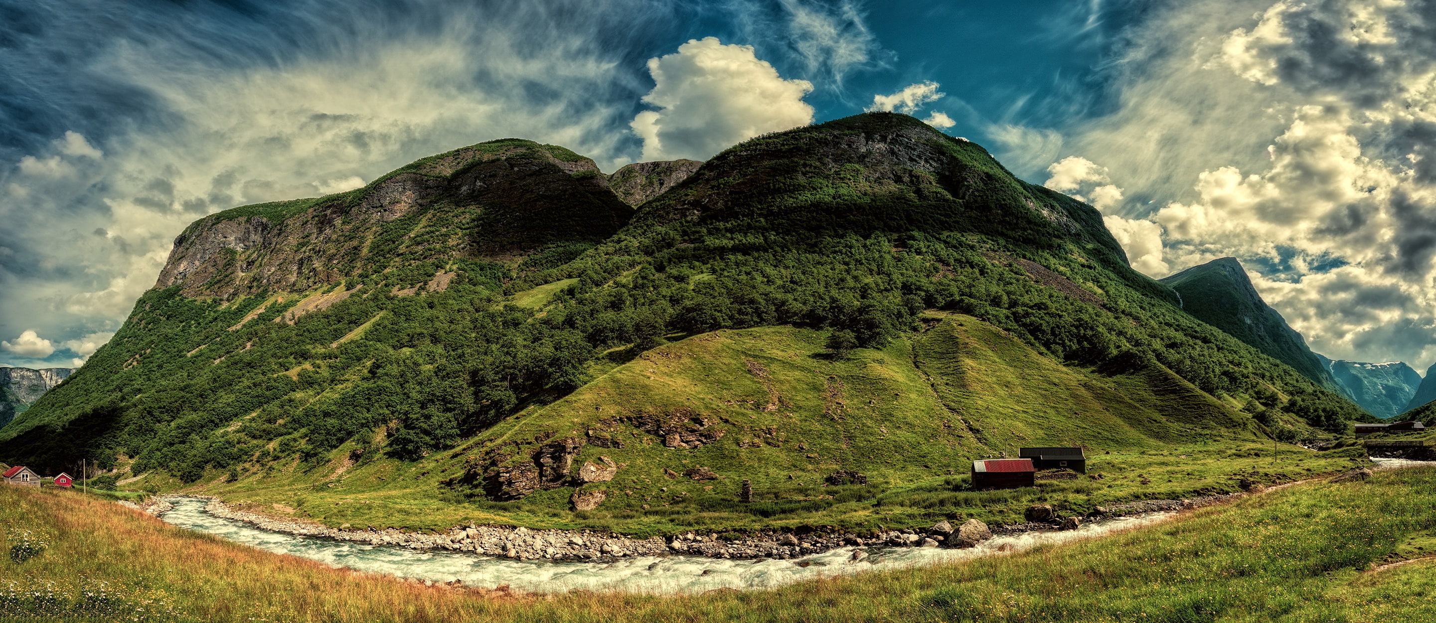 rivers, sky, mountains, norway, 2K, sogn, aurland, HD Wallpaper