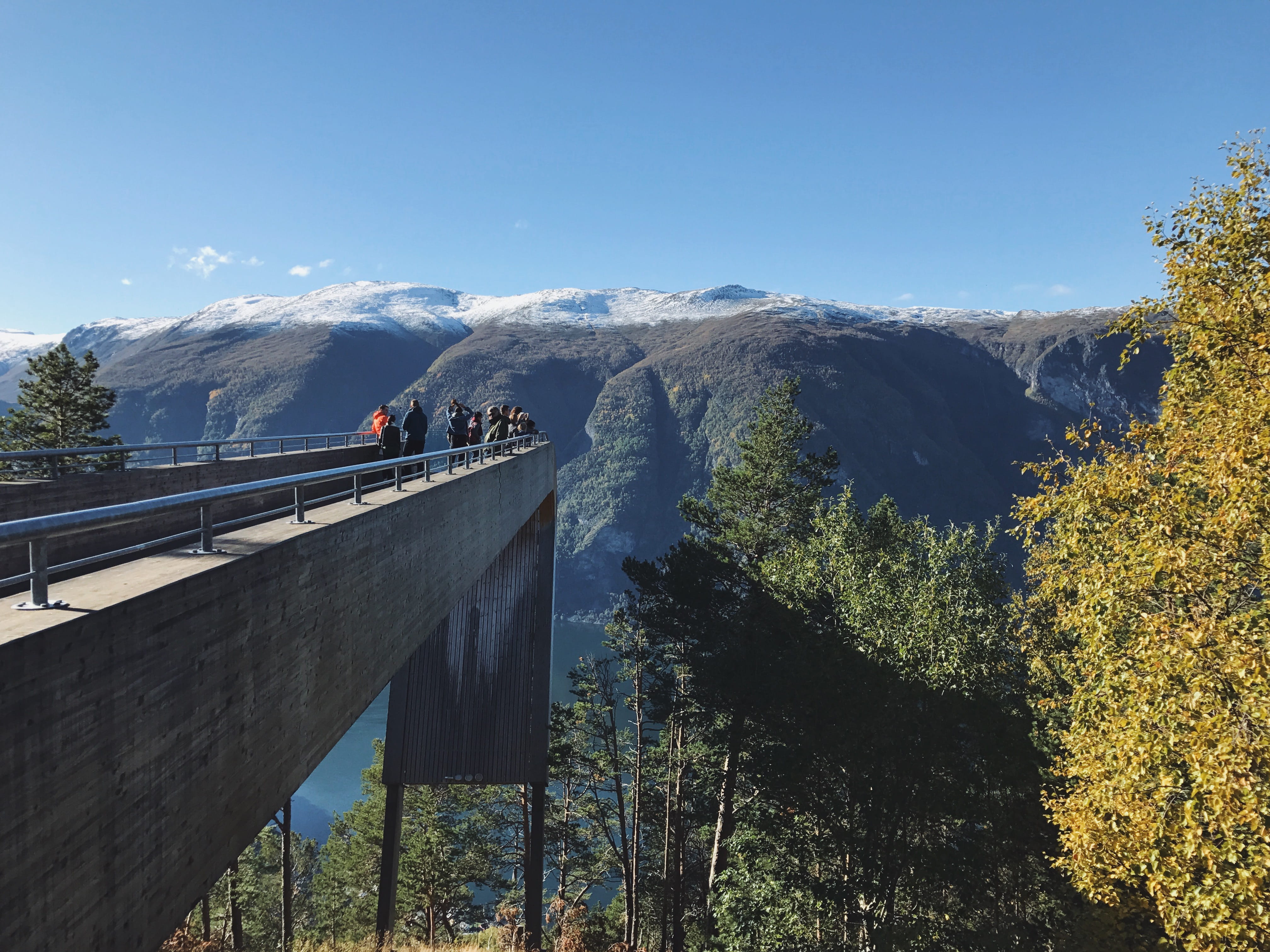 trees, mountain range, nature, aurland, norway, tranquility, bridge, cliff, mountain, men, plant, landscape, beauty in nature, group of people, sky, tranquil scene, HD Wallpaper
