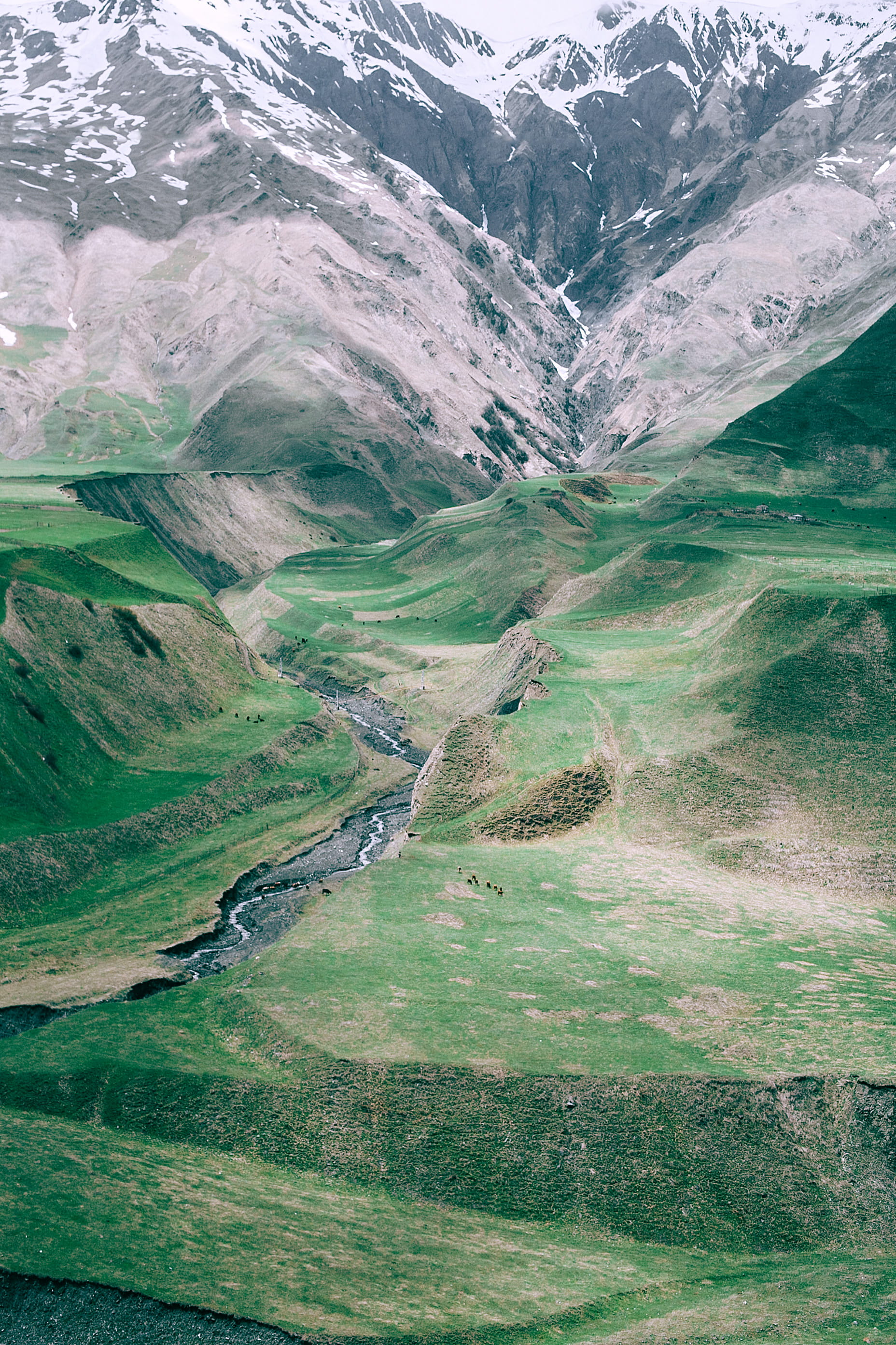 mountain range, canyon, non-urban scene, plateau, field, valley, peak, slope, painting, high angle view, panoramic, snowcapped mountain, plant, scenery, Phone HD Wallpaper