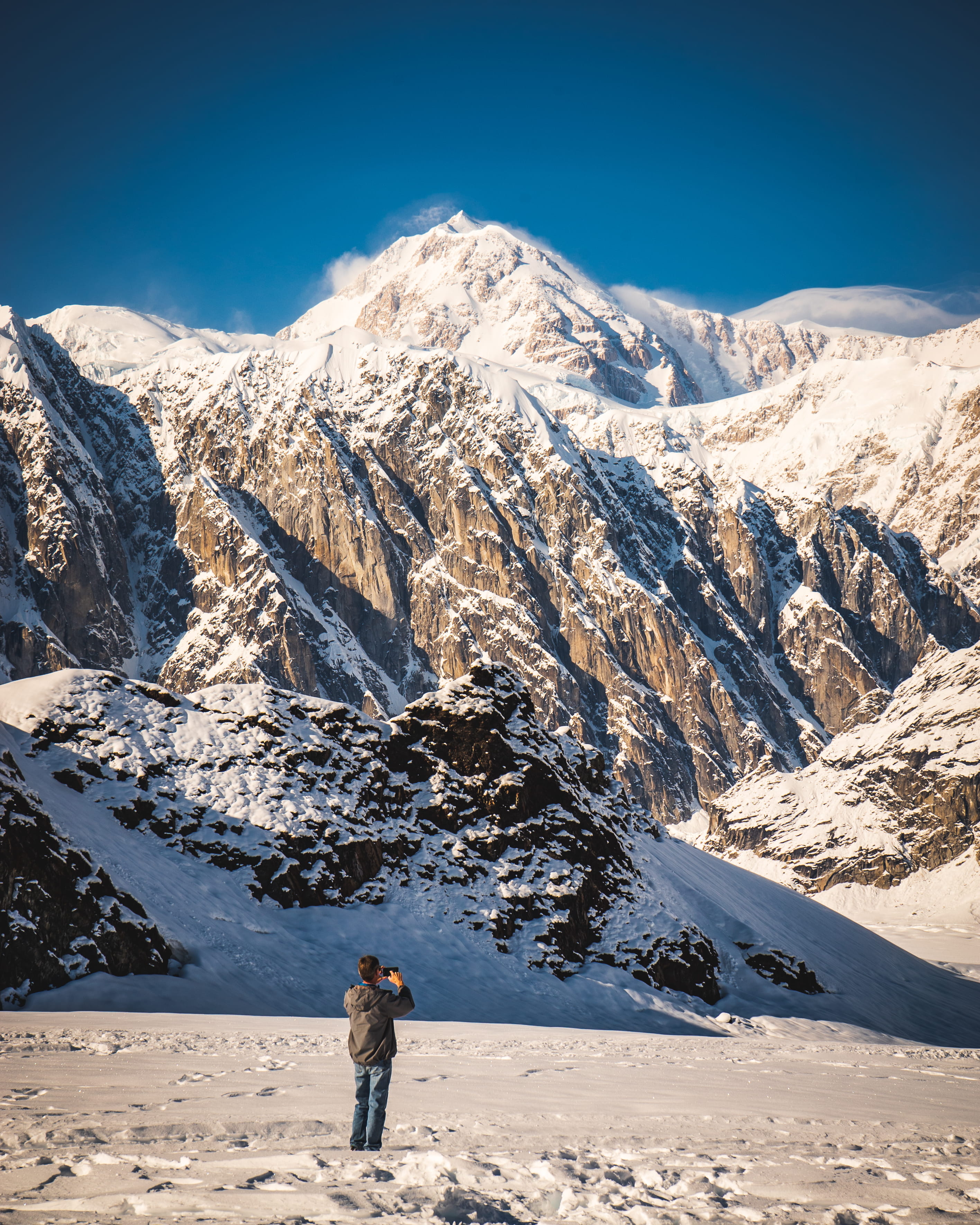 snowcapped mountain, capped, peak, mountain, mountain range, tranquil scene, sky, formation, leisure activity, leisure activities, warm clothing, day, front, Phone HD Wallpaper