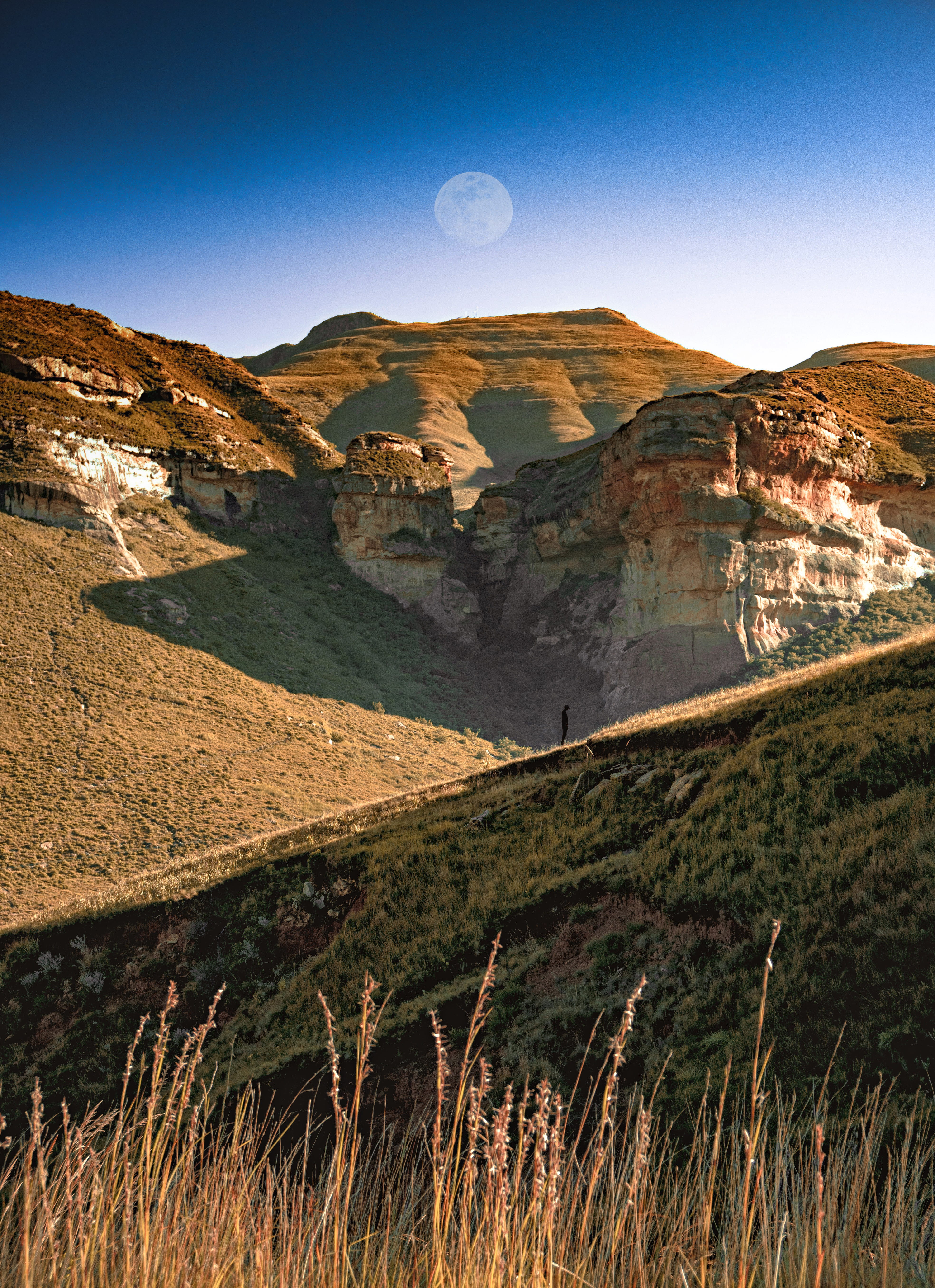 full moon, tranquil scene, canyon, nature, land, slope, moon, rock - object, wilderness, beauty in nature, grassland, plateau, field, plant, mesa, landscape, Phone HD Wallpaper