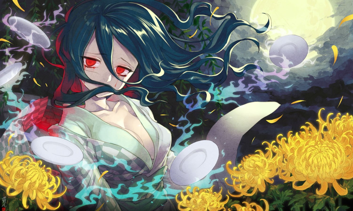 hair, 720P, eyes, flowers, red, miku, clothes, moon, hatsune, ot nm, vocaloid, japanese, aqua, long, HD Wallpaper