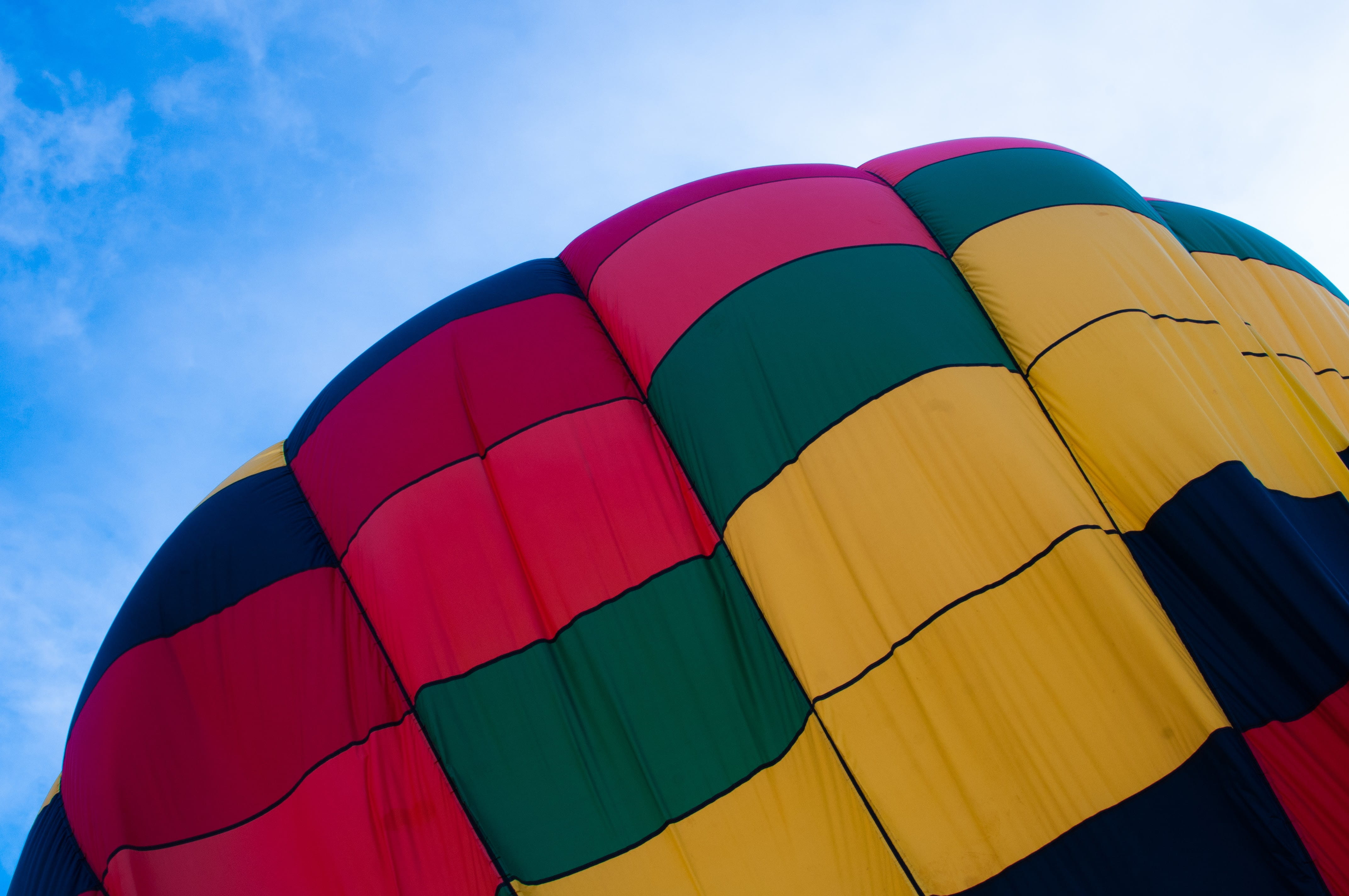outdoors, nature, hot air balloon, clouds, day, low angle view, blue, 4K, sky, albuquerque, united states, vibrant color, red, travel, air, yellow, transportation, HD Wallpaper