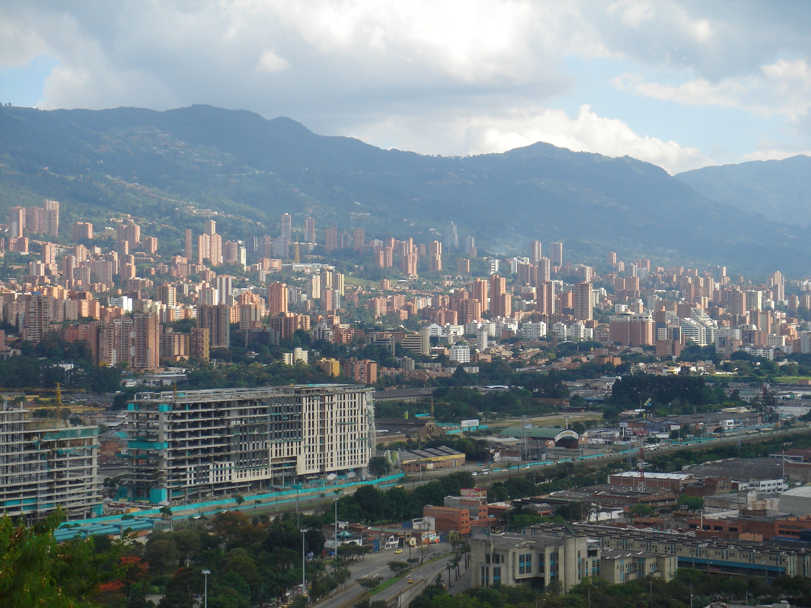 landscape, buildings, landmark, mountain, outdoors, rise, residential district, skyscraper, colombia, tower, cloud - sky, architecture, built structure, HD Wallpaper