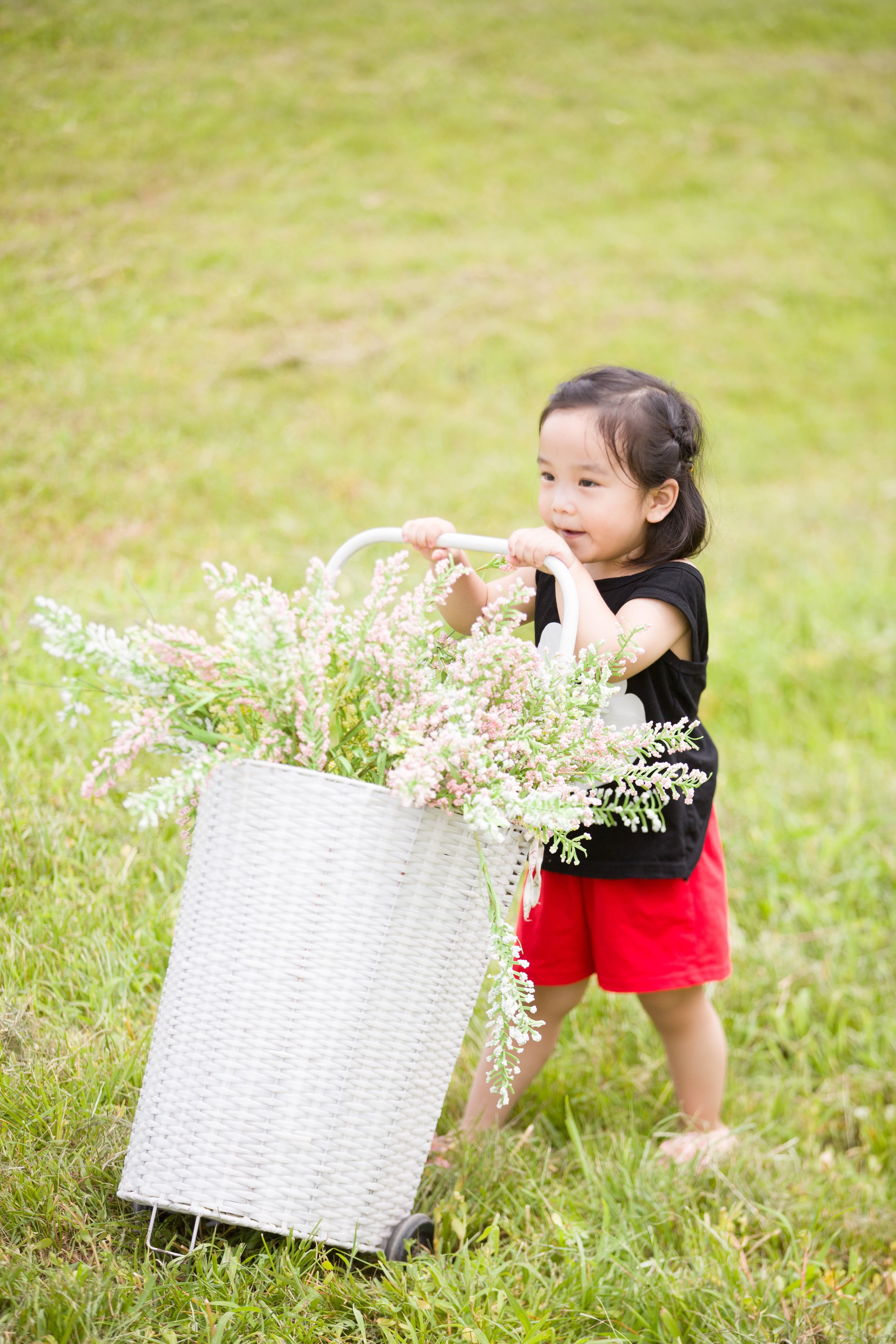 holding, people, focus on foreground, basket, wearing, outdoors, flowering plant, happy, black, cute, one Person, child, joy, day, grass, sleeveless, plant, Phone HD Wallpaper