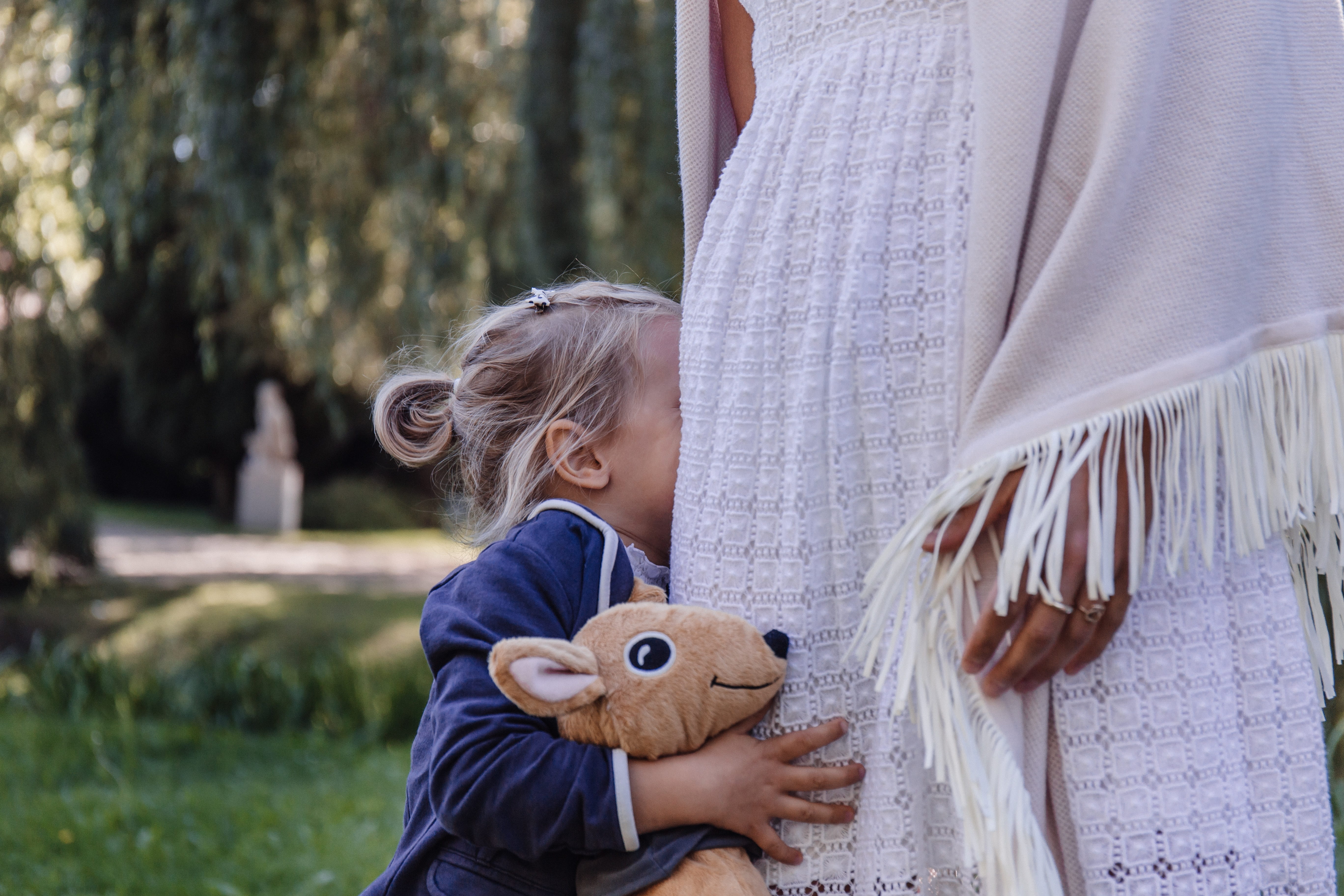 offspring, teddy bear, hide, waist up, white, females, emotion, standing, childhood, floral, bambi, love, stuffed toy, deer, cuddly, best friend, fairytale, HD Wallpaper