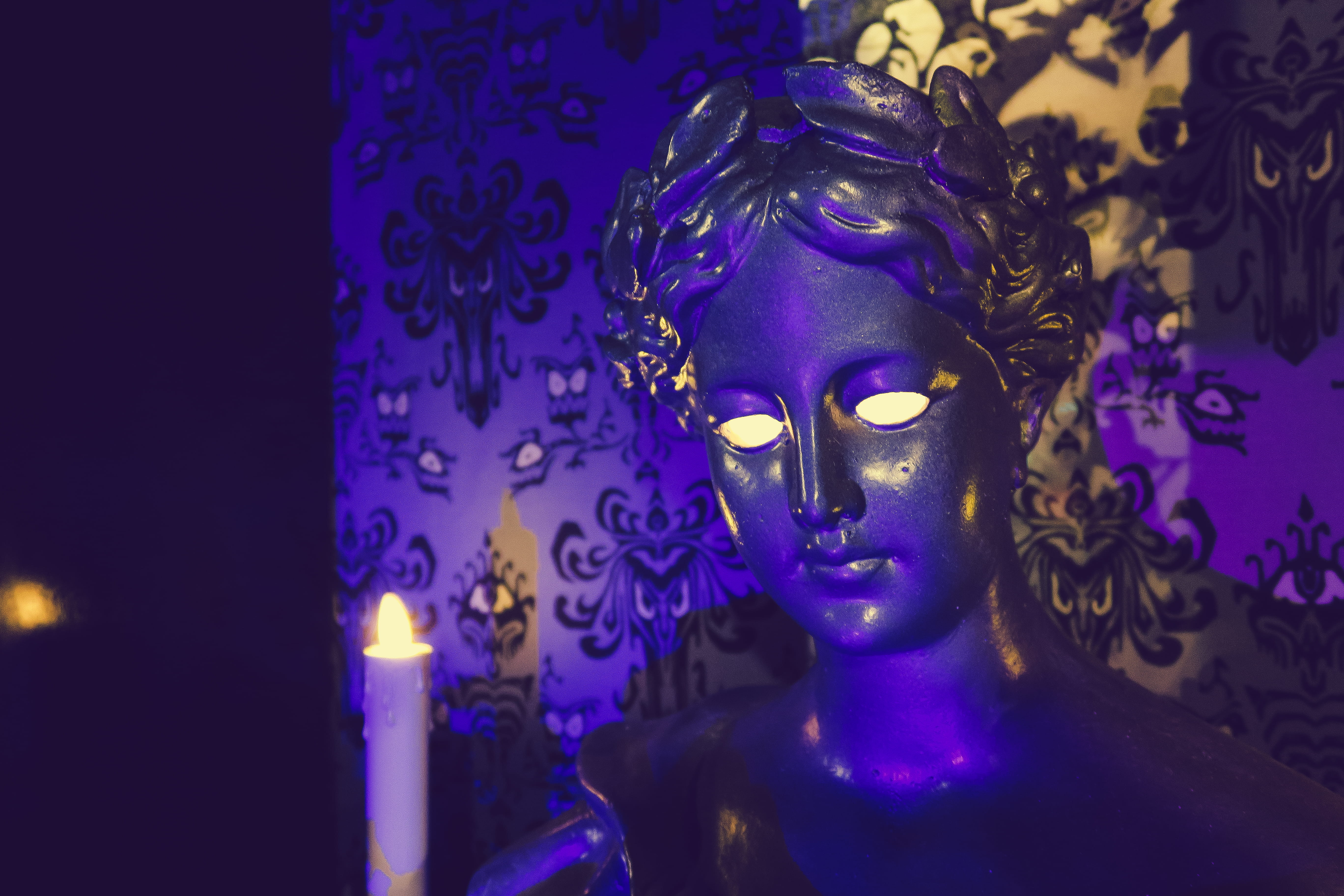 mask - disguise, indoors, joshstyle, sculpture, face, art and craft, museum, blue, candle, mask, fire, dark, statue, night, body paint, burning, landscape, HD Wallpaper
