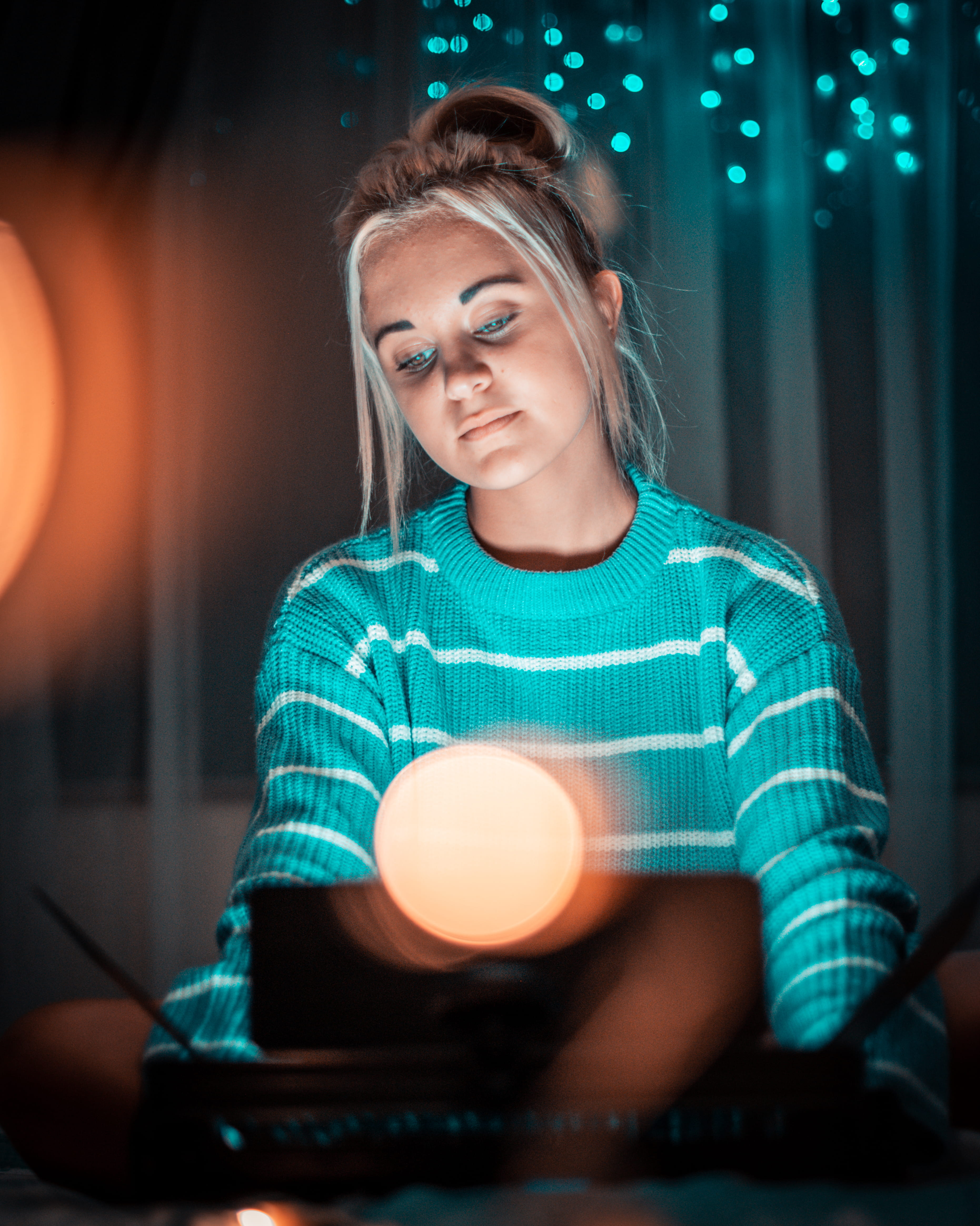 portrait, young woman, front view, casual clothing, facial expression, striped, women, holding, 4K, illuminated, hair, blurred background, posing, waist up, Phone HD Wallpaper