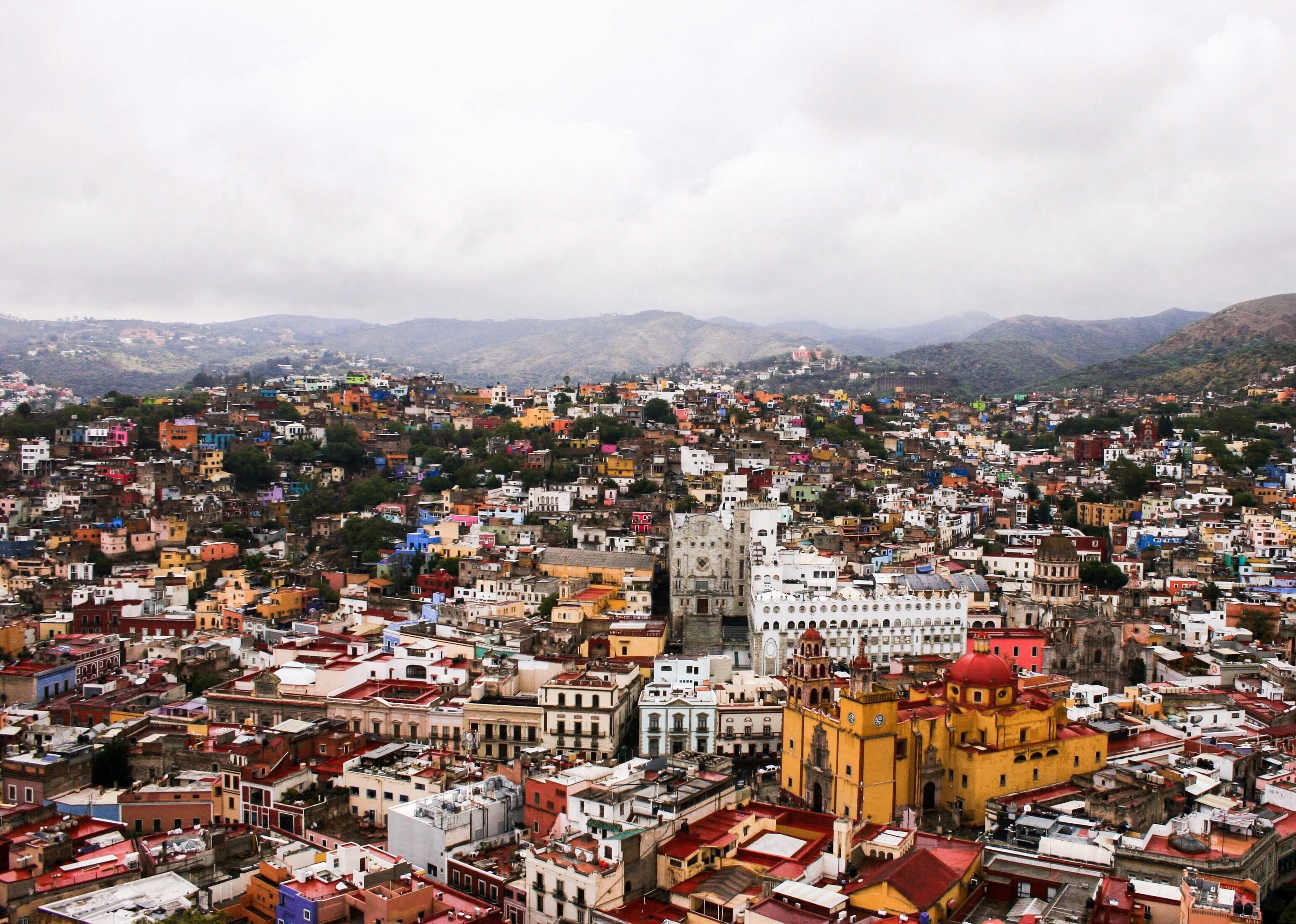 mexican, city, building, outdoors, built structure, town, townscape, cloud - sky, street, old, mountains, travel, guanajuato, colorful, mountain, nature, HD Wallpaper