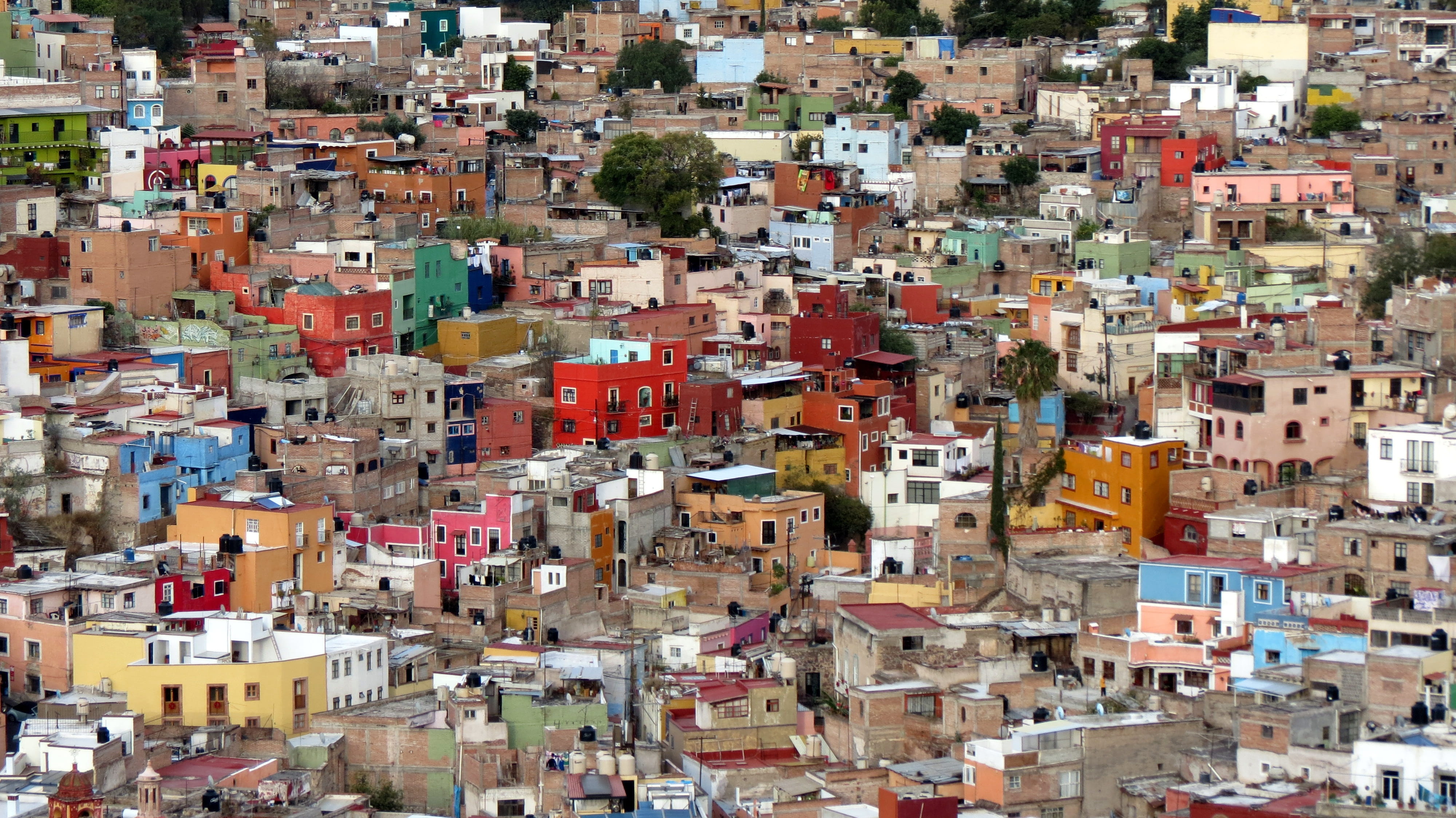 crowd, building, colonial, community, old city, outdoors, 4K, colorful, mexico, built structure, nature, chaos, backgrounds, settlement, building exterior, HD Wallpaper